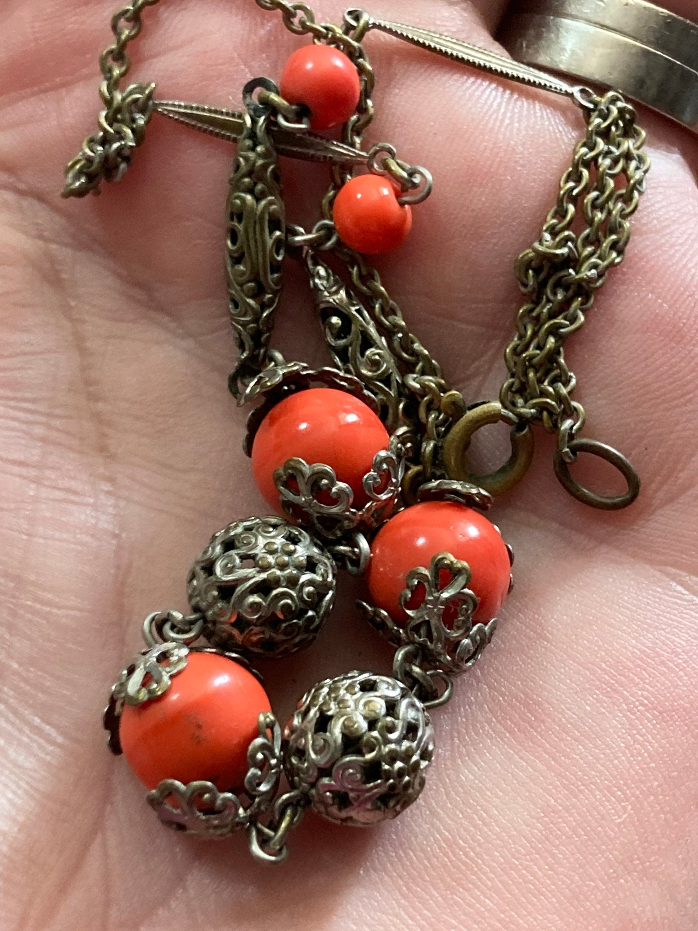 Czech silver filigree orange coral beaded necklace 1920s art deco