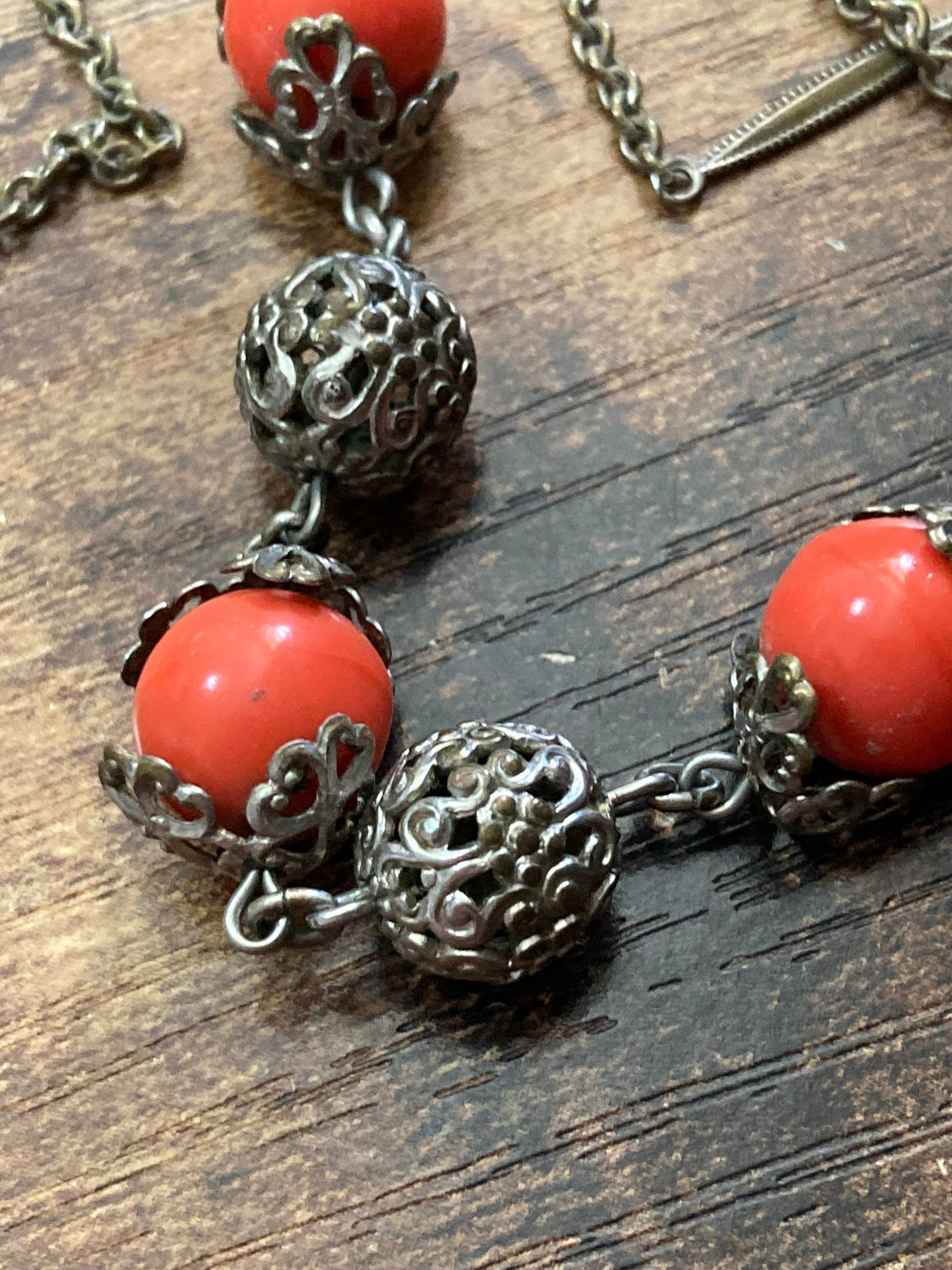 Czech silver filigree orange coral beaded necklace 1920s art deco