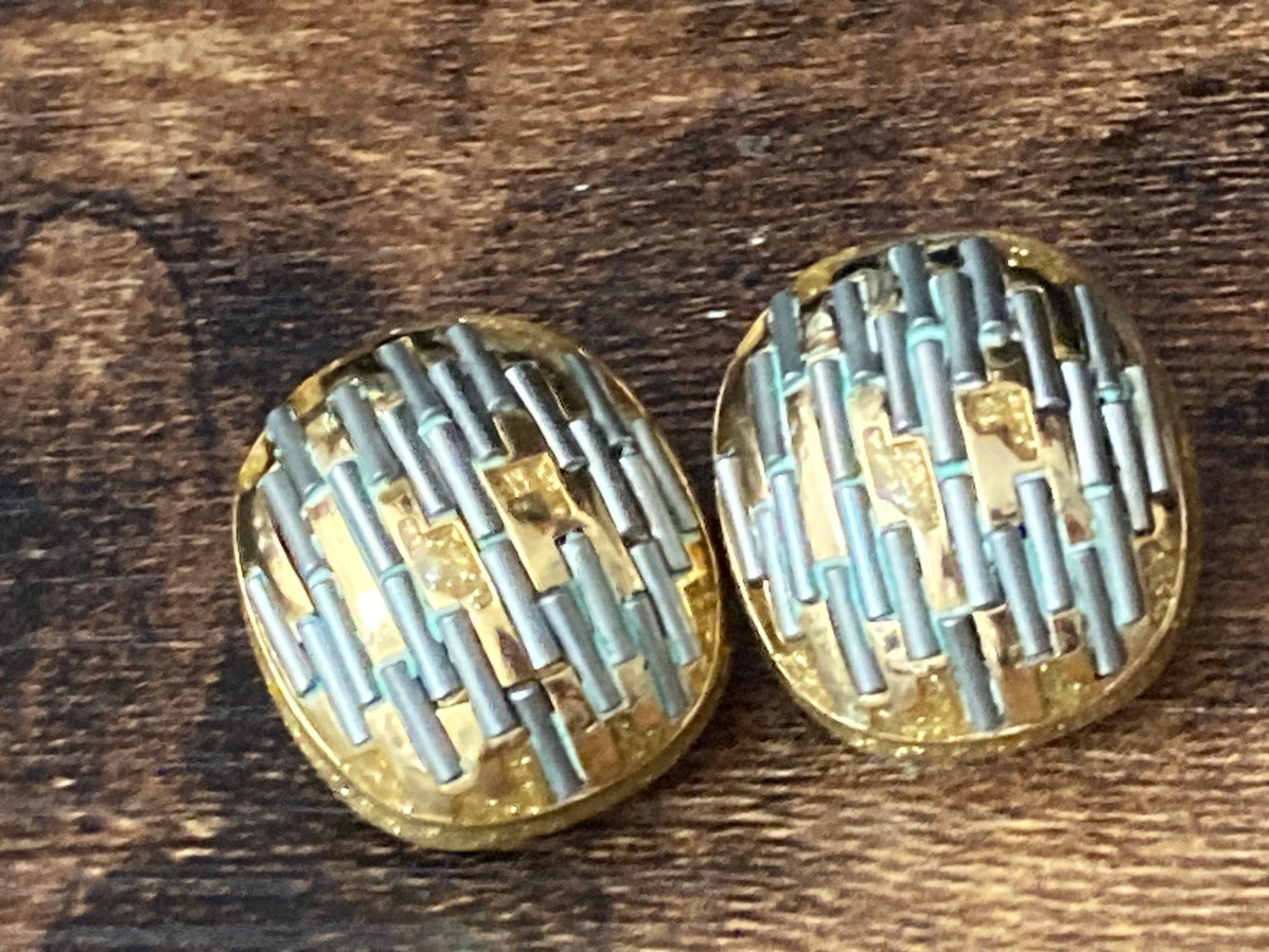 Signed ORENA Paris silver and gold textured Stud clip on designer earrings