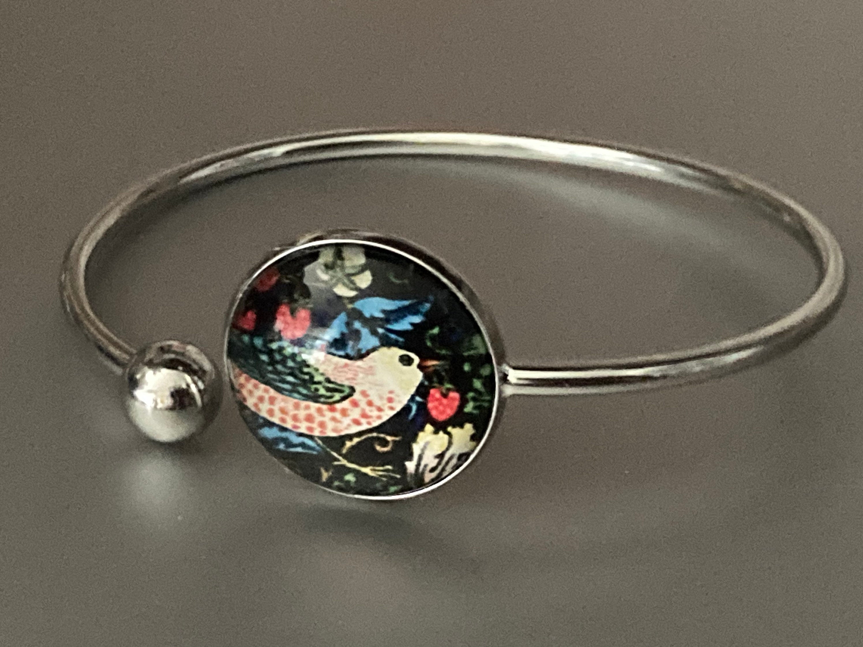 William morris the strawberry thief stainless steel glass cabochon bangle bracelet