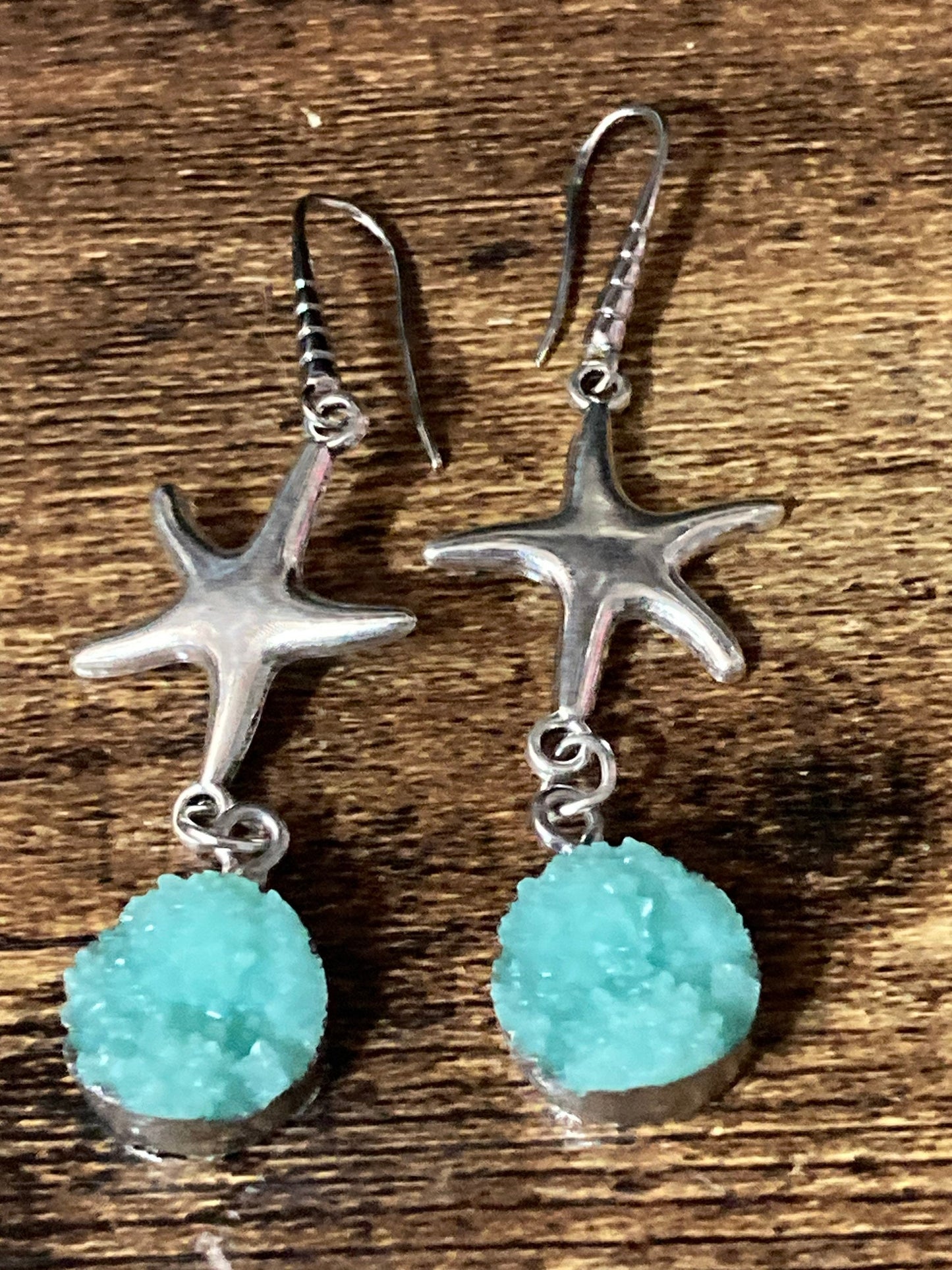 Silver starfish earrings with faux turquoise agate cabochon dangly drop