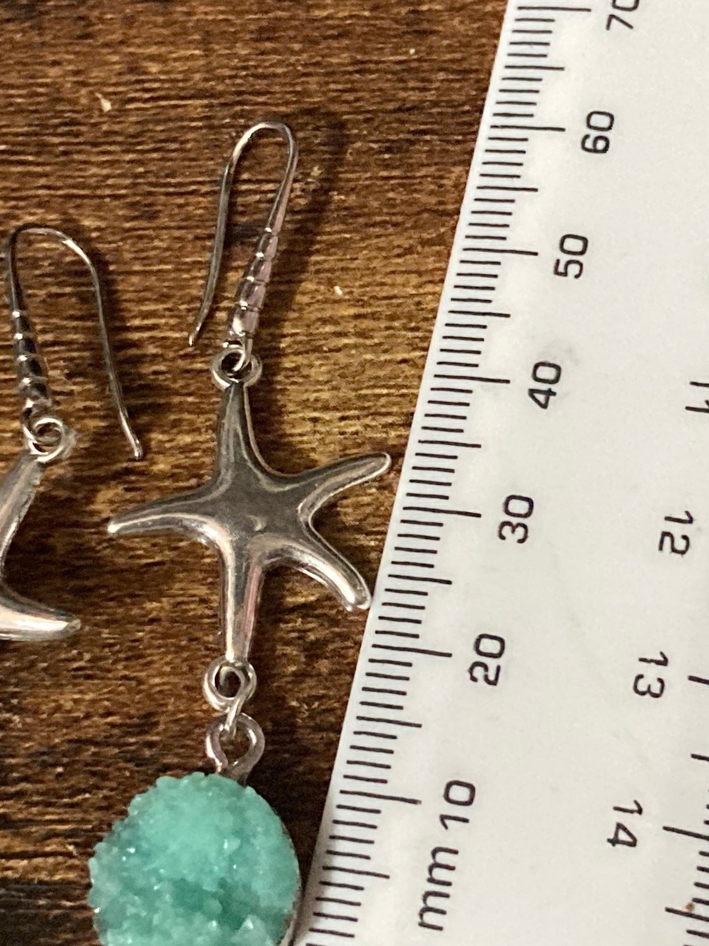 Silver starfish earrings with faux turquoise agate cabochon dangly drop