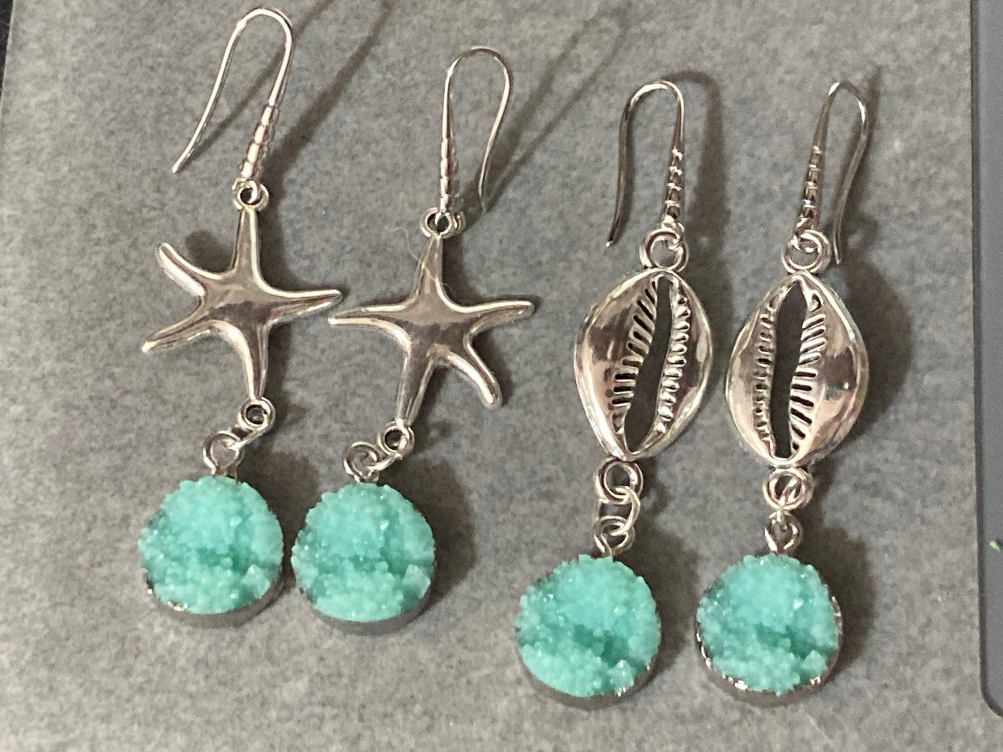 Silver starfish earrings with faux turquoise agate cabochon dangly drop