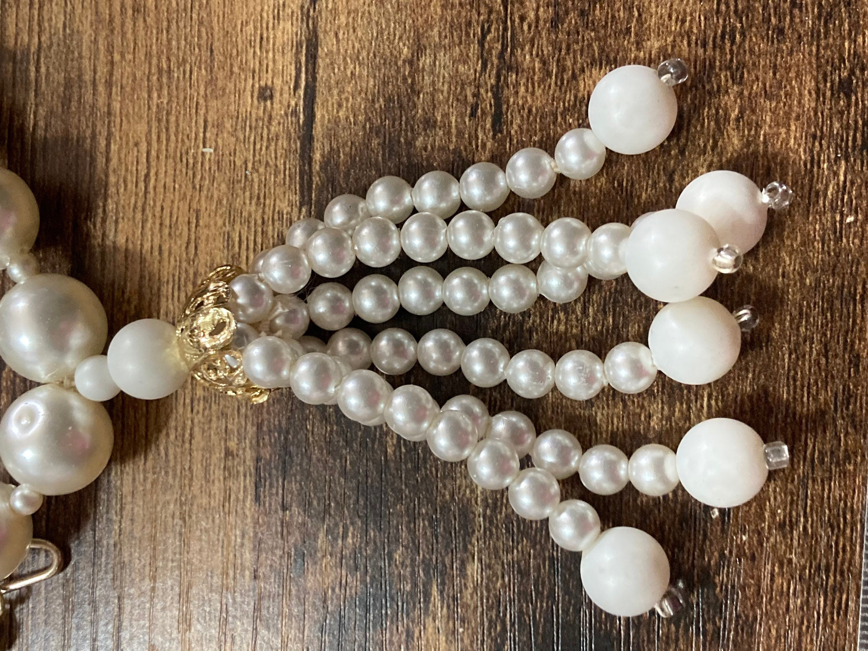 Mid century white faux pearl plastic beaded multi strand tassel necklace