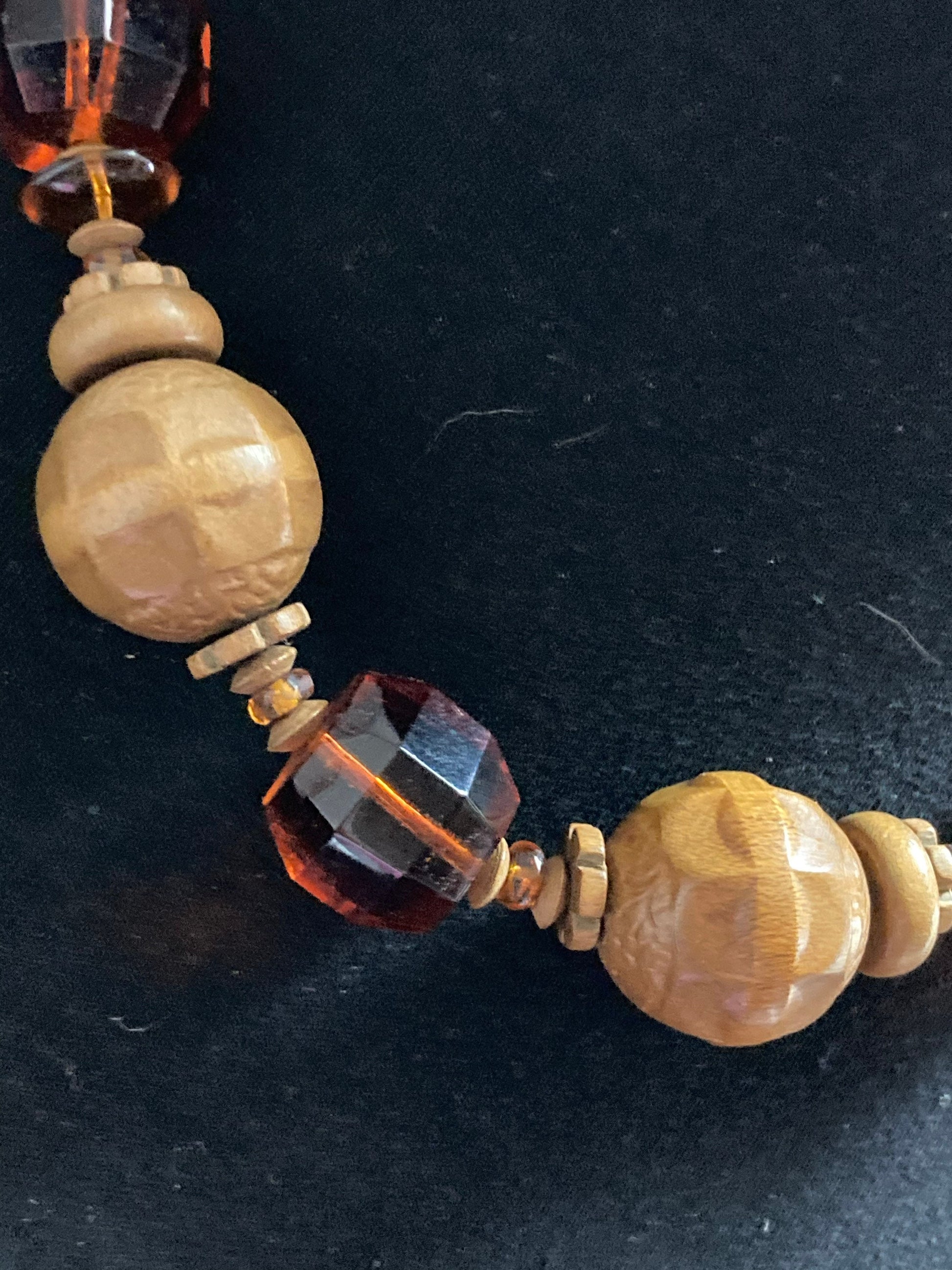 Antique 1920s amber orange coloured glass crystal and wooden beaded Art Deco necklace