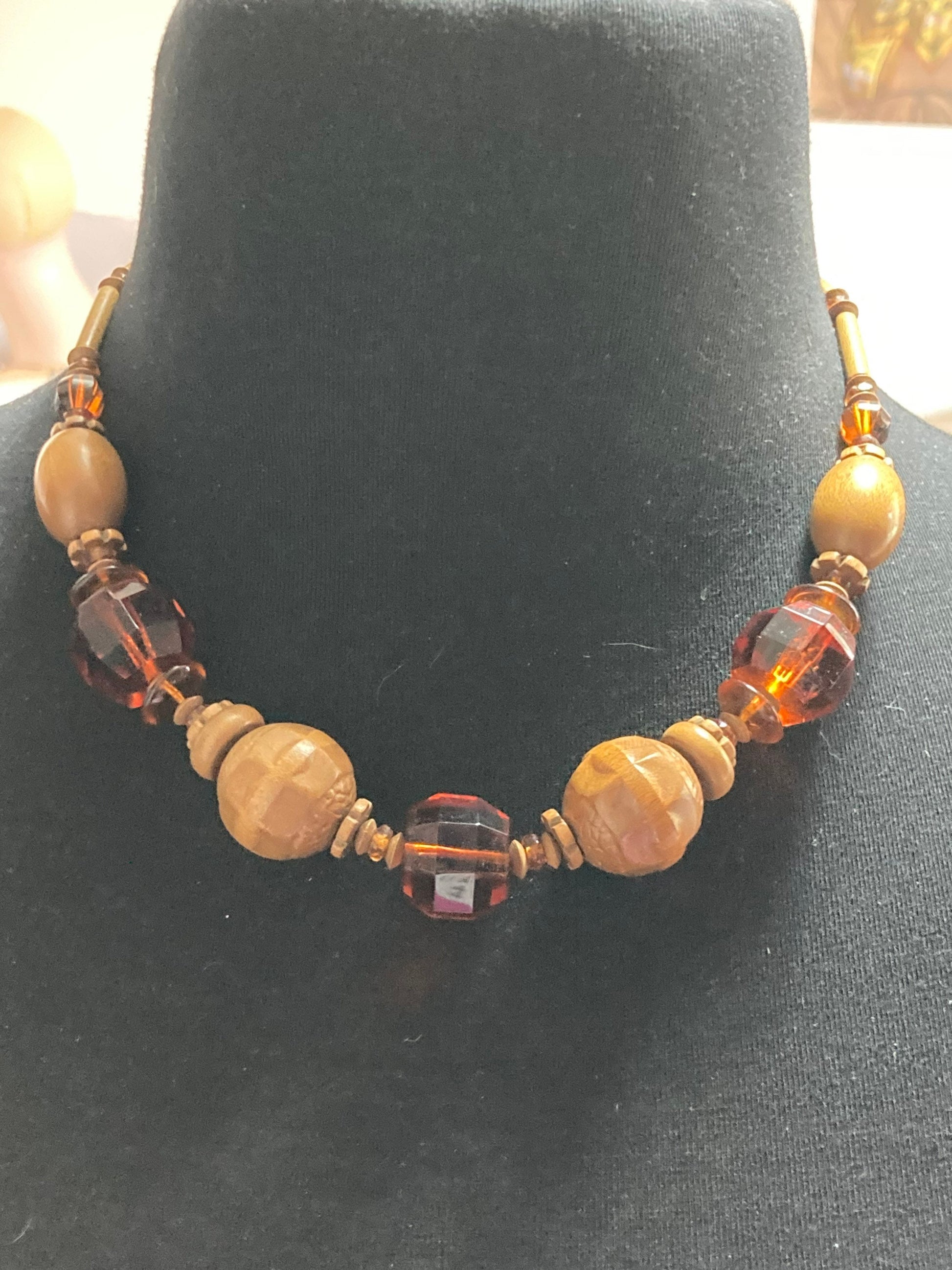 Antique 1920s amber orange coloured glass crystal and wooden beaded Art Deco necklace