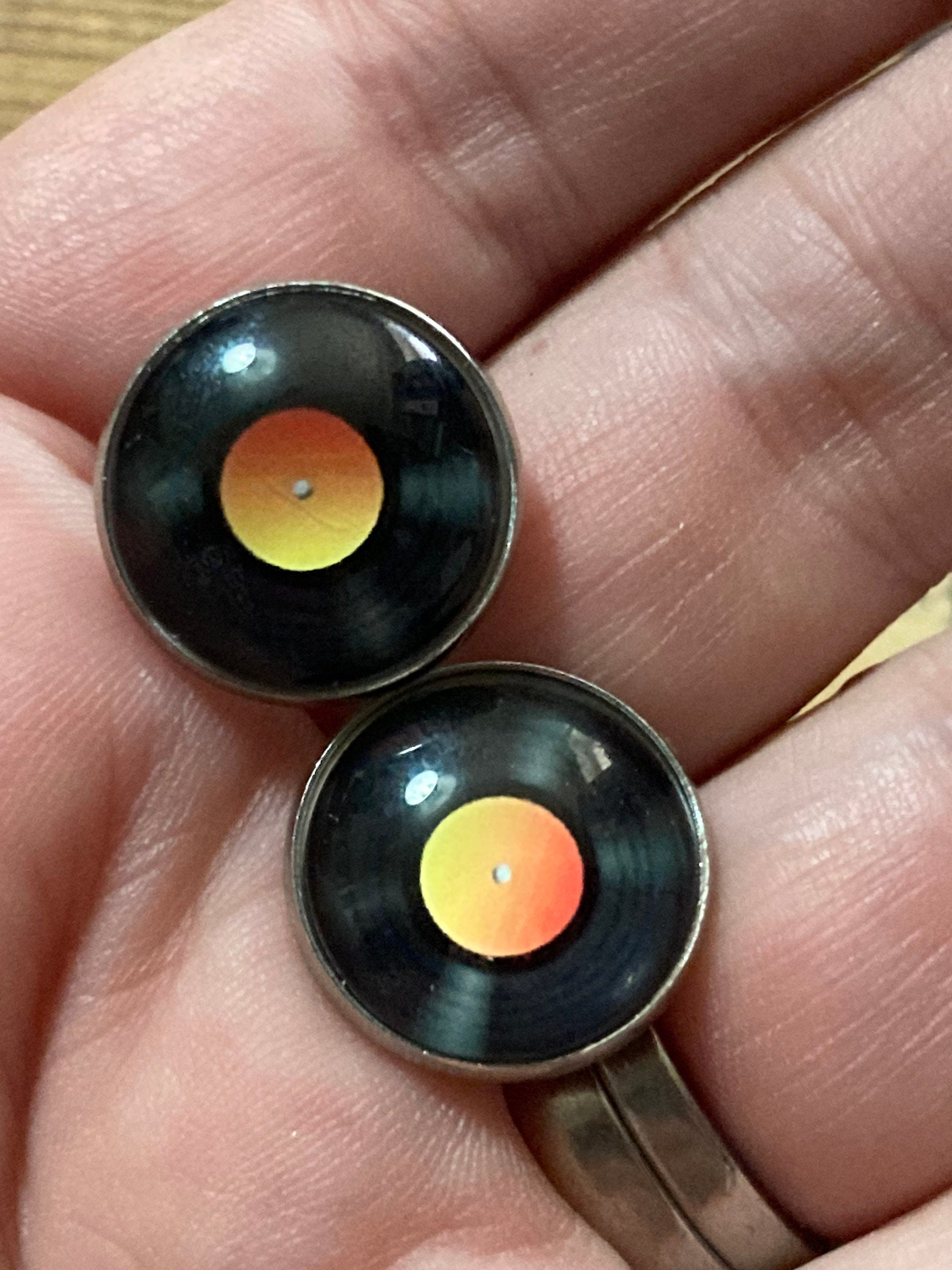 Vinyl record stud earrings 16mm Retro style Black orange gift for DJ silver tone stainless steel