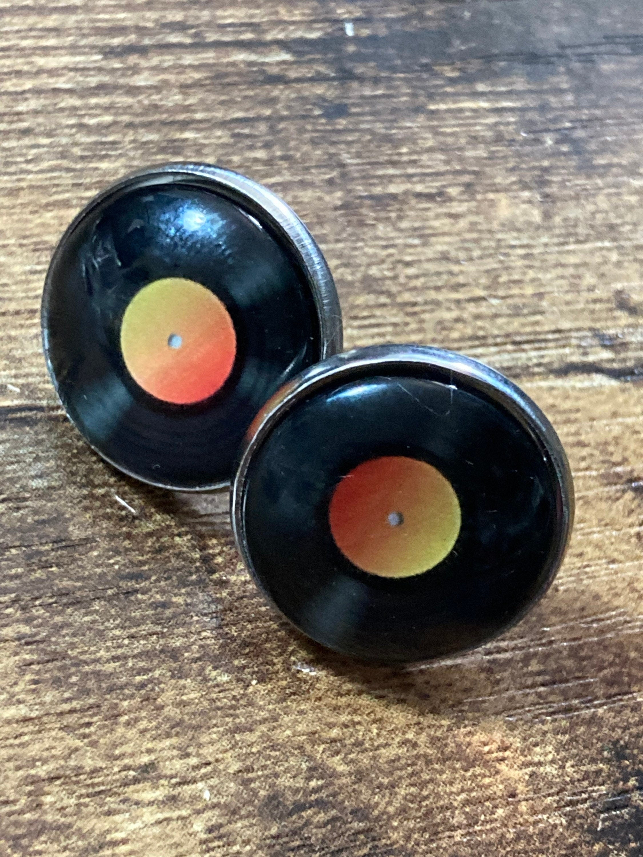 Vinyl record stud earrings 16mm Retro style Black orange gift for DJ silver tone stainless steel