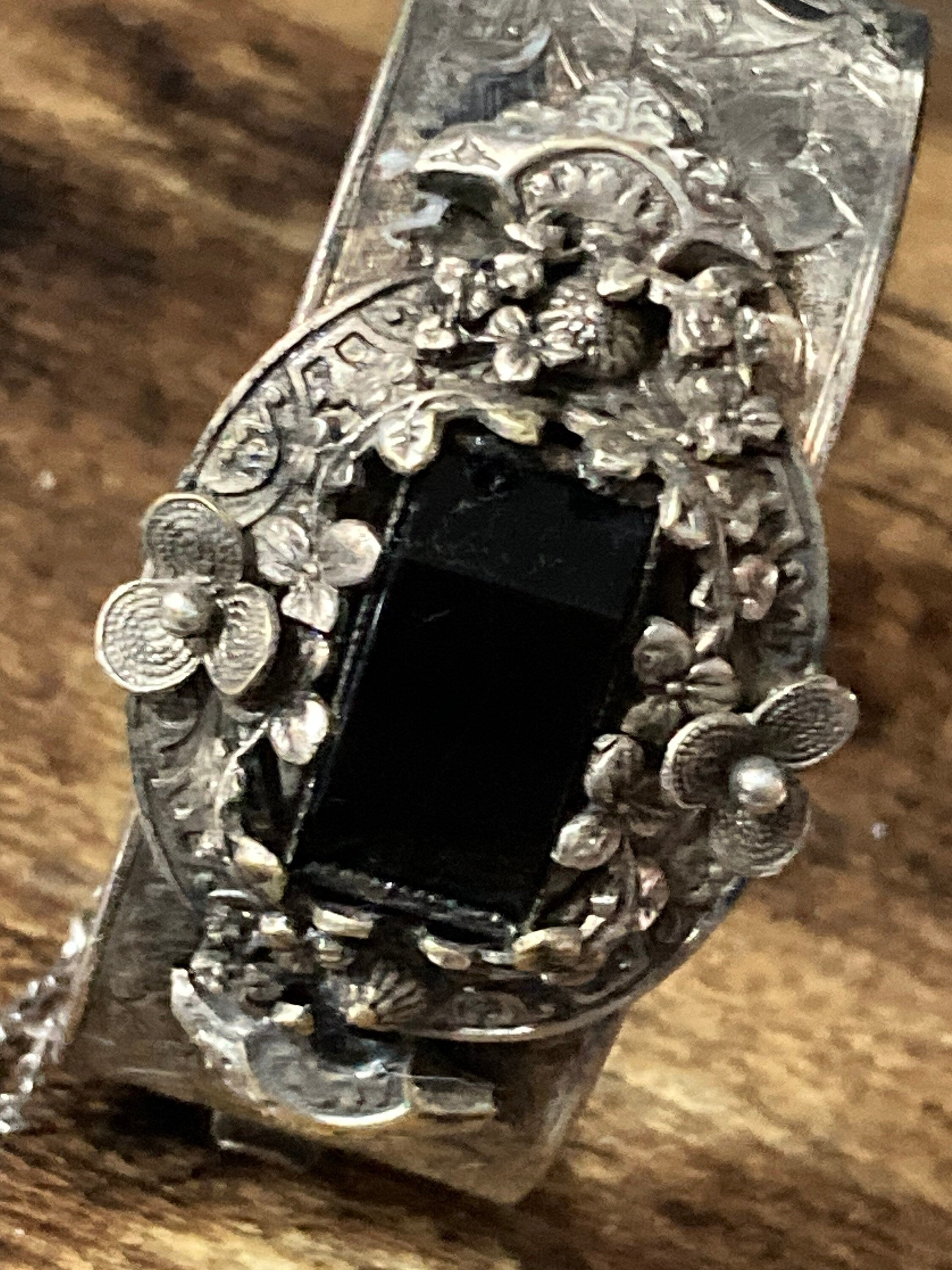 Antique Victorian etched with onyx gemstone wide silver plated or continental bangle not hallmarked white metal