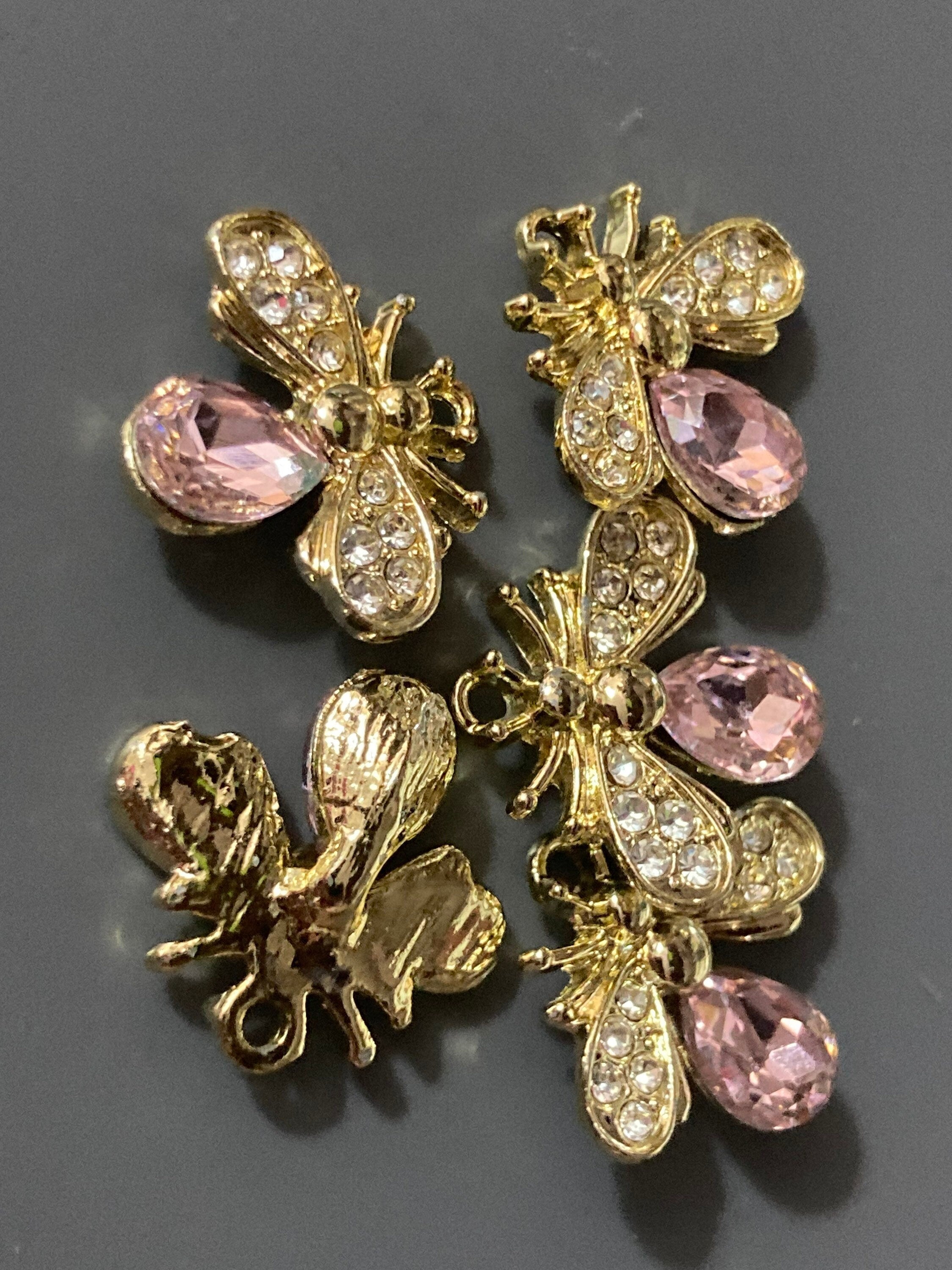 5 x bumble bee bead charms embellishments pink diamanté crystal gold tone