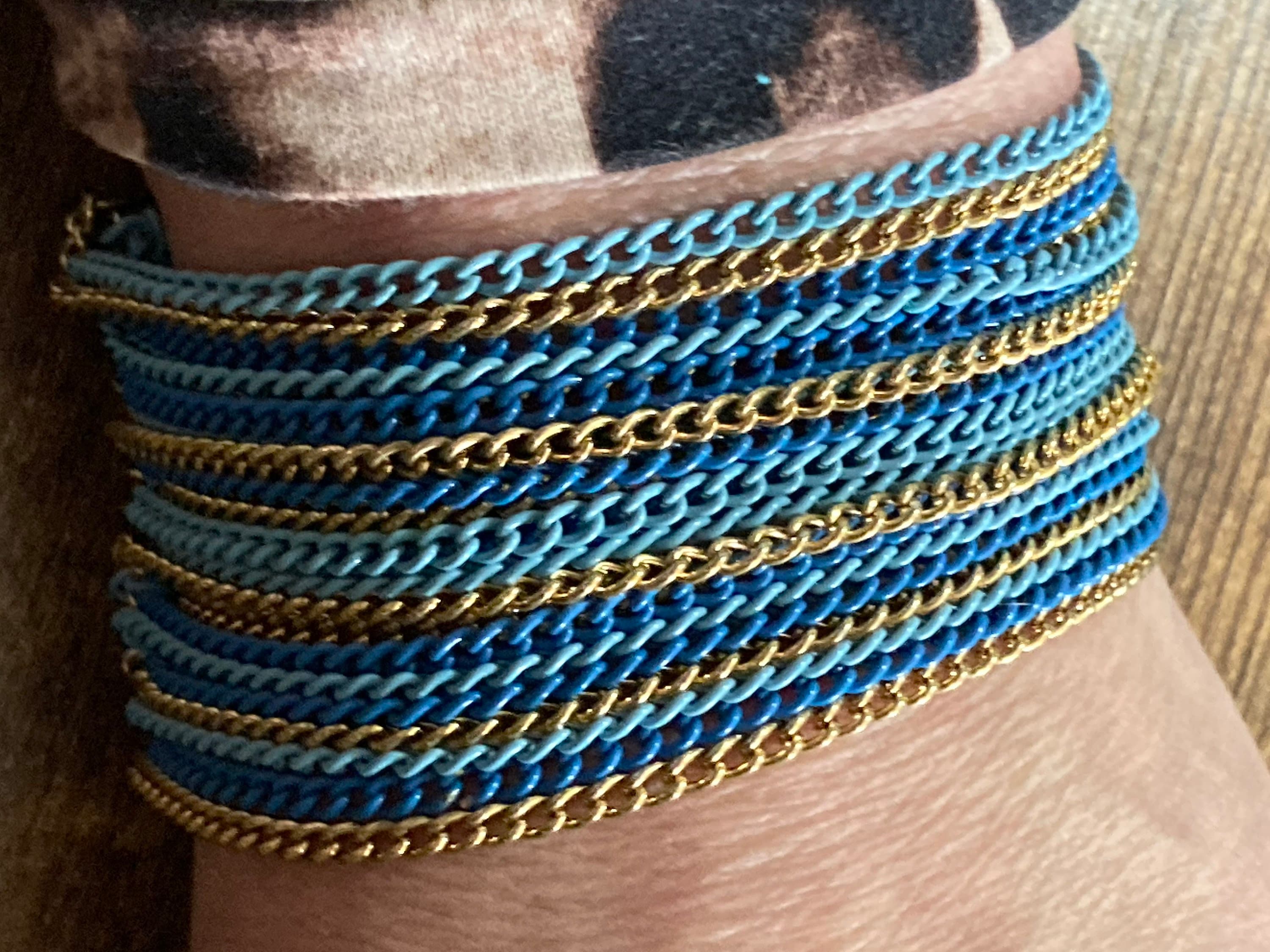 retro gold bright blue  modernist wide chain bracelet