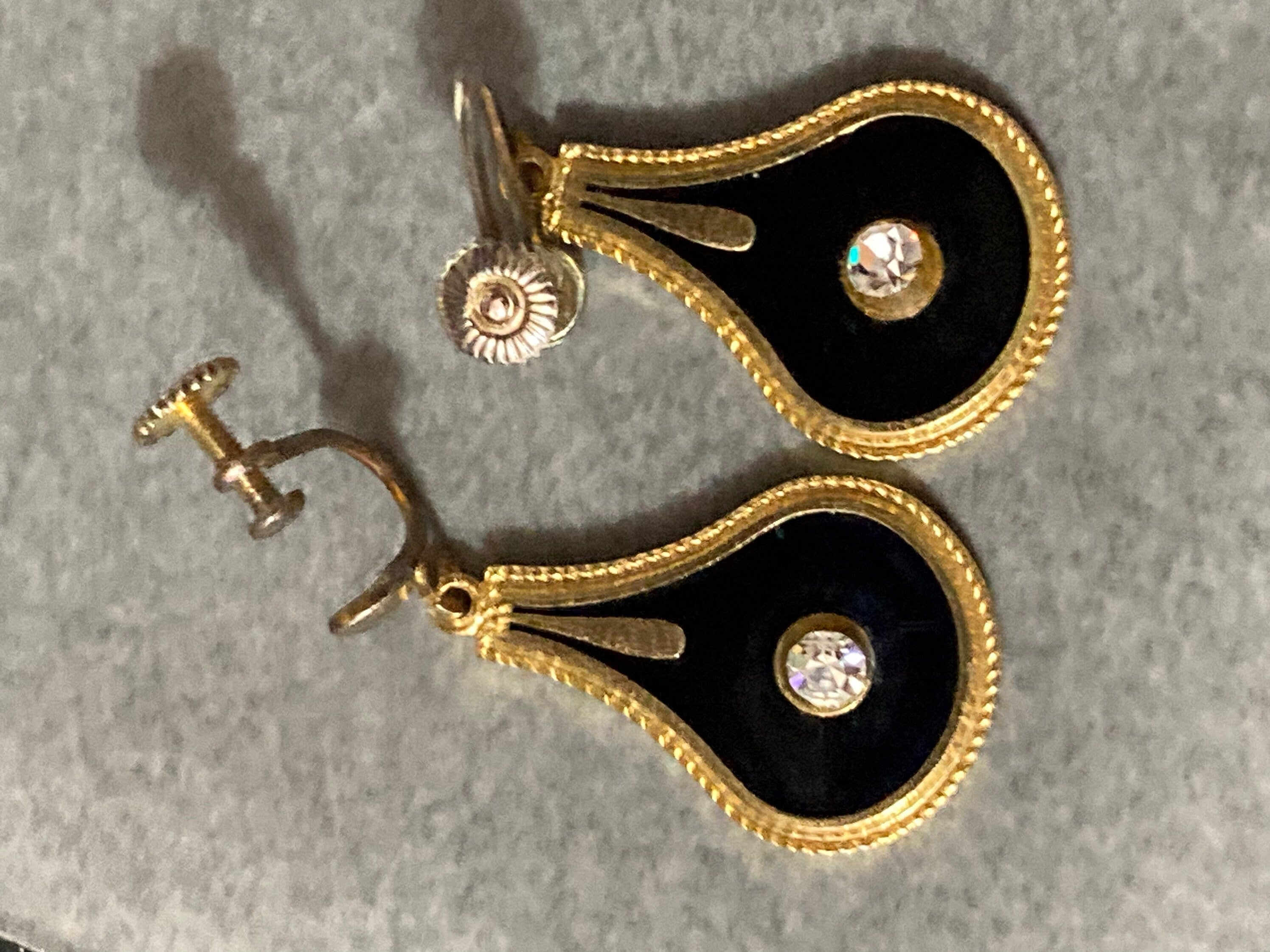 Vintage black enamel diamanté  dangly screw back teardrop clip on earrings