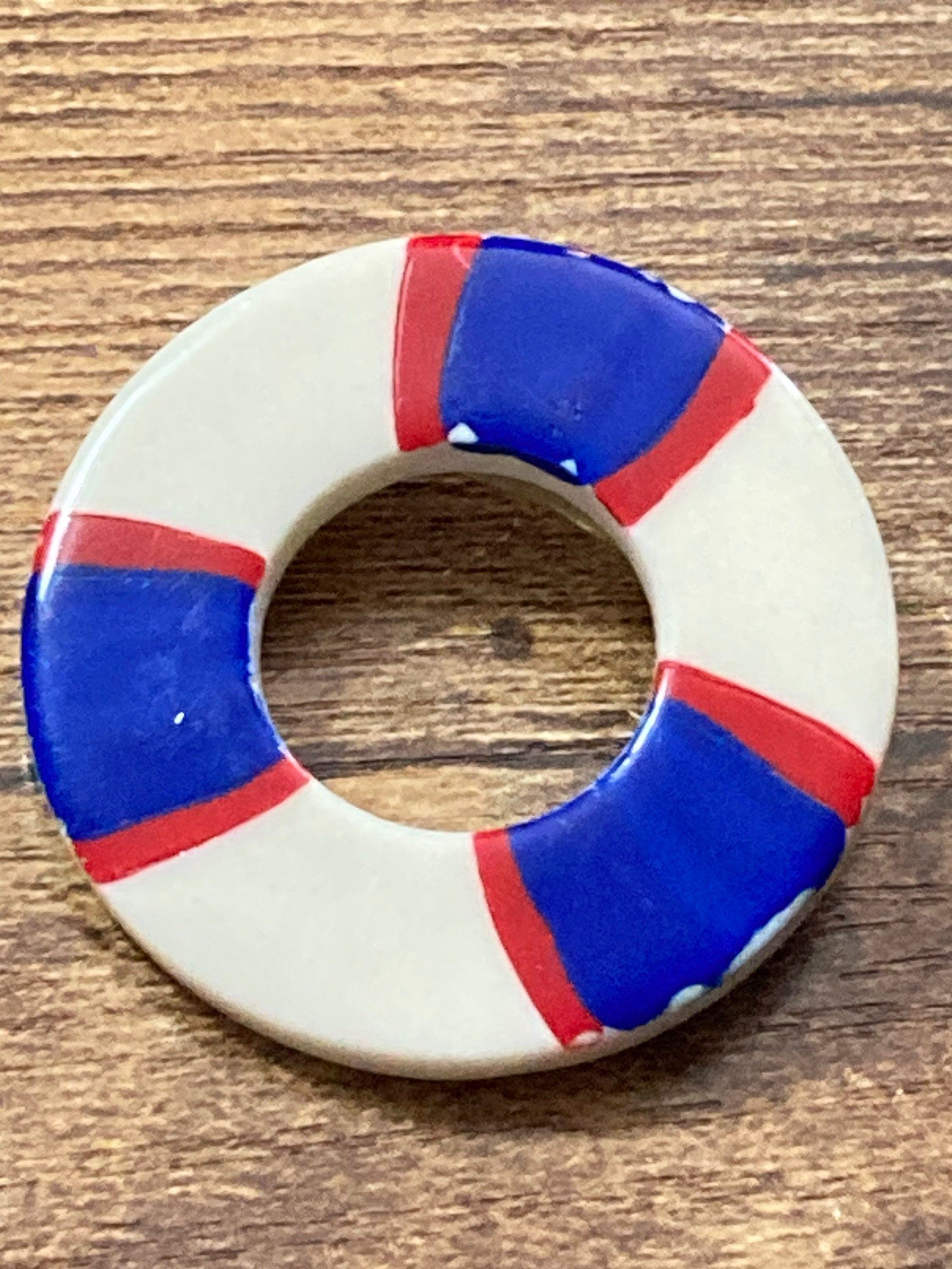 vintage nautical plastic red white and blue life bouy lifesaving ring  Brooch