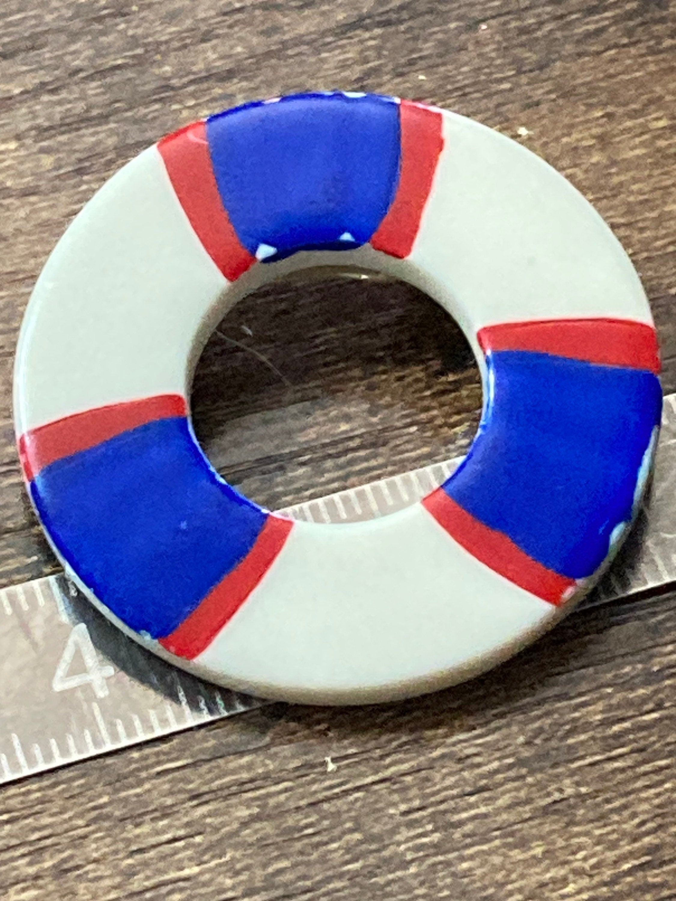 vintage nautical plastic red white and blue life bouy lifesaving ring  Brooch