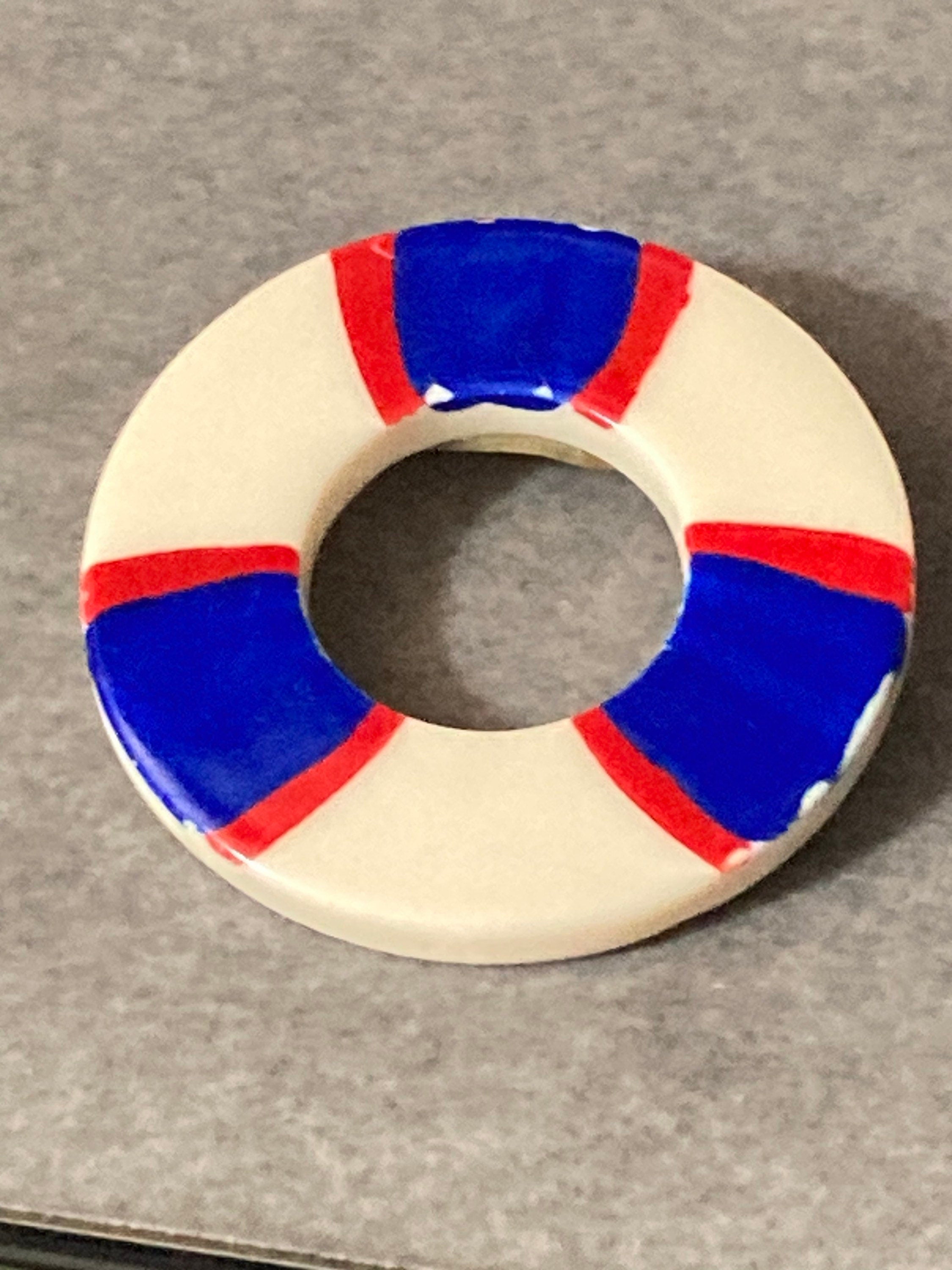 vintage nautical plastic red white and blue life bouy lifesaving ring  Brooch