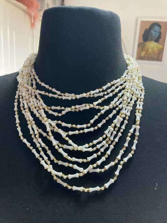 Mid century white gold plastic beaded multi strand choker necklace