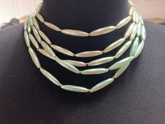 Mid century pastel green faux pearl plastic beaded multi strand choker necklace