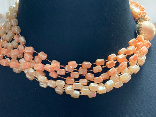 Mid century orange peach pink faux pearl square plastic beaded multi strand choker necklace