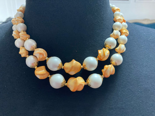 Mid century orange peach white plastic beaded multi strand choker necklace