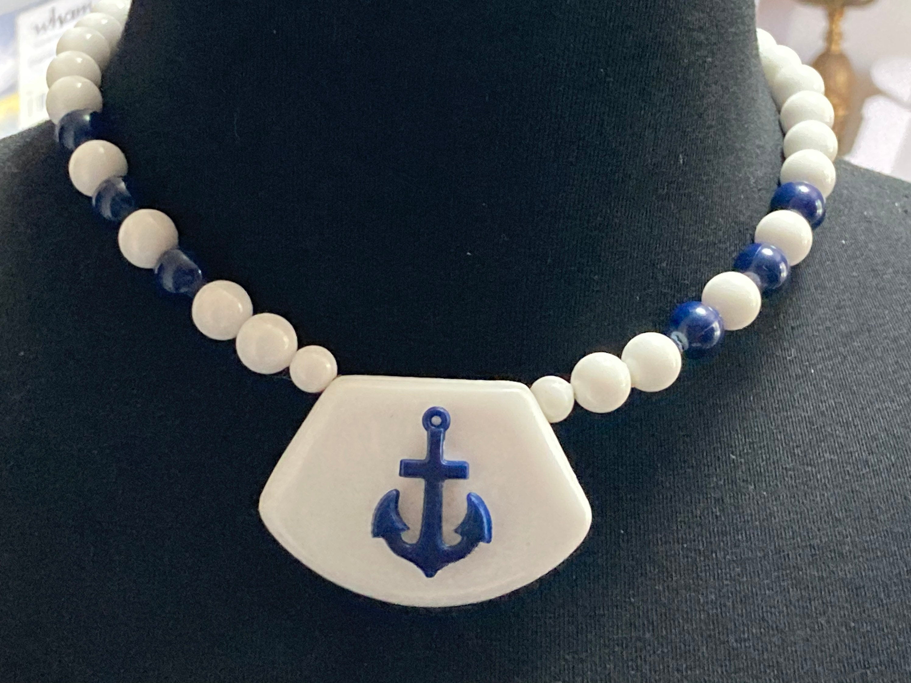 Vintage blue and white beaded plastic anchor necklace