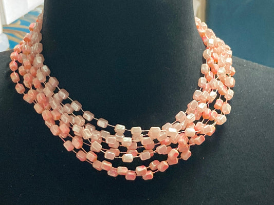 Mid century pink Hong Kong faux pearl square plastic beaded multi strand choker necklace