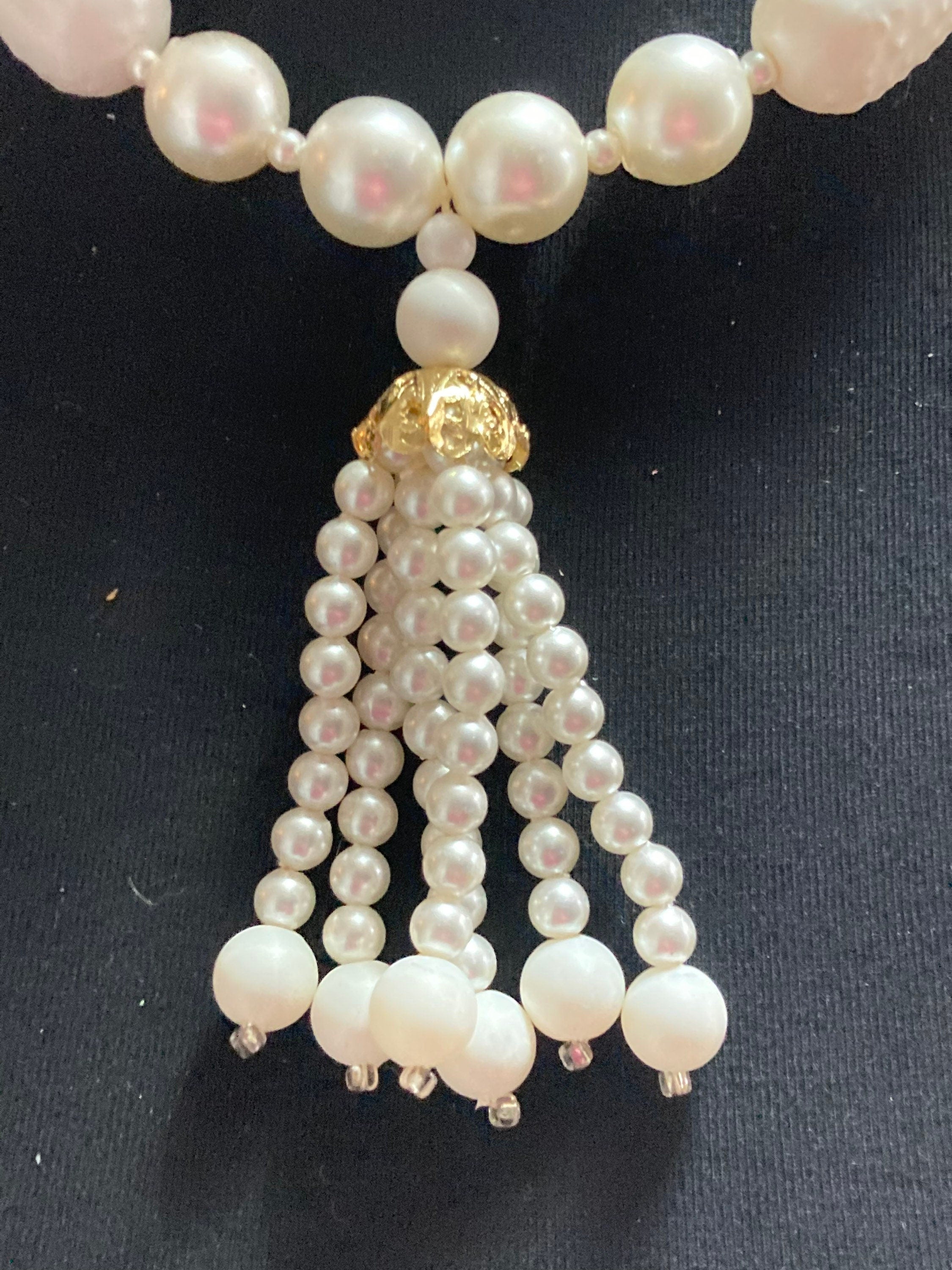 Mid century white faux pearl plastic beaded multi strand tassel necklace