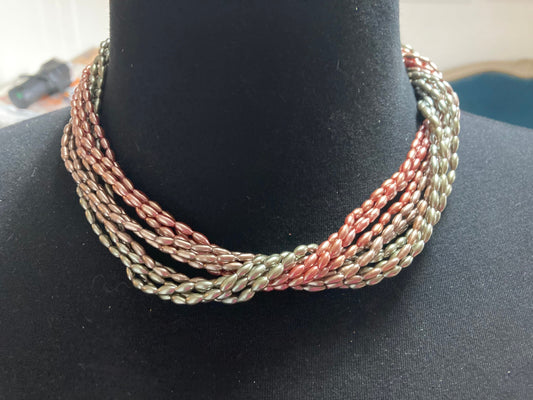 Mid century grey and dusky pink glass beaded multi strand choker necklace