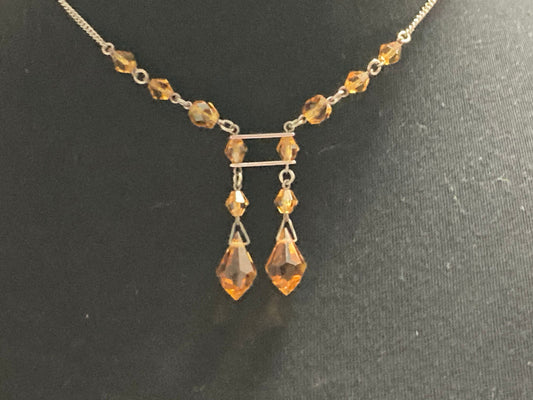 Czech Antique 1920s pale amber orange citrine coloured glass crystal Art Deco lariat necklace