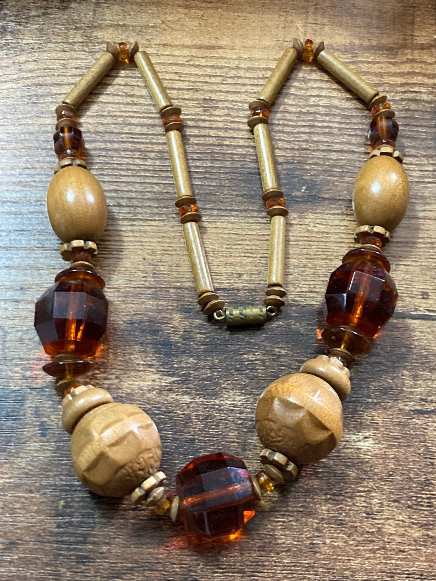 Antique 1920s amber orange coloured glass crystal and wooden beaded Art Deco necklace