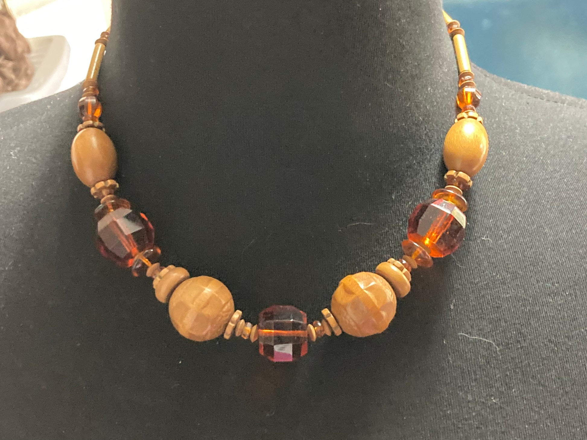 Antique 1920s amber orange coloured glass crystal and wooden beaded Art Deco necklace