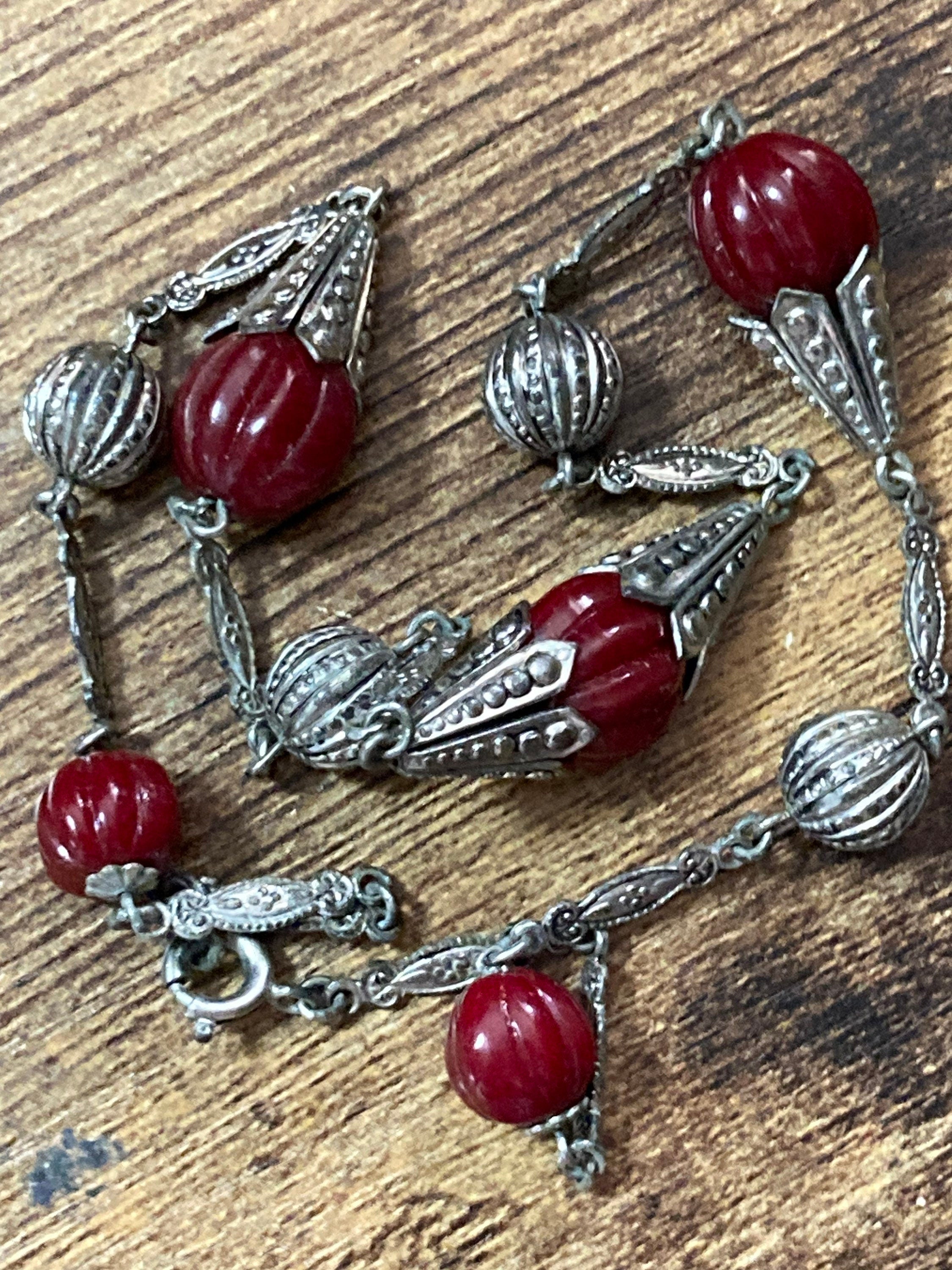 Czech silver filigree deep dark red beaded necklace 1920s art deco