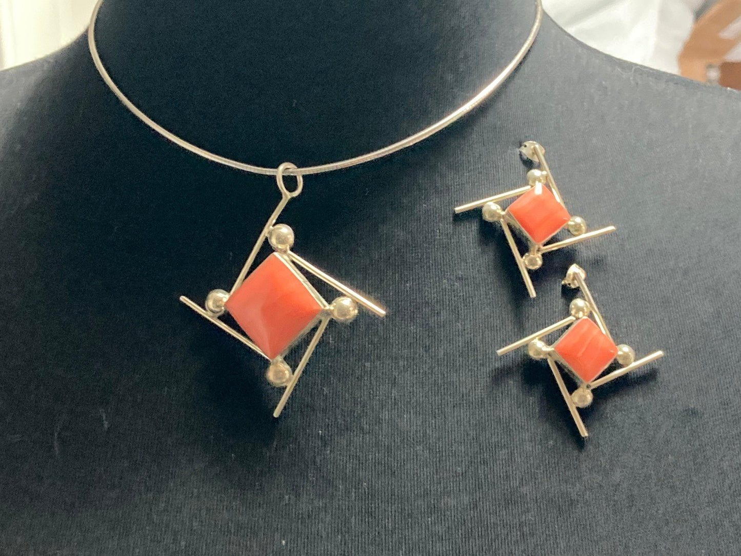 925 sterling silver modernist ceramic coral square cabochon choker pendant necklace and matching earrings jewellery set