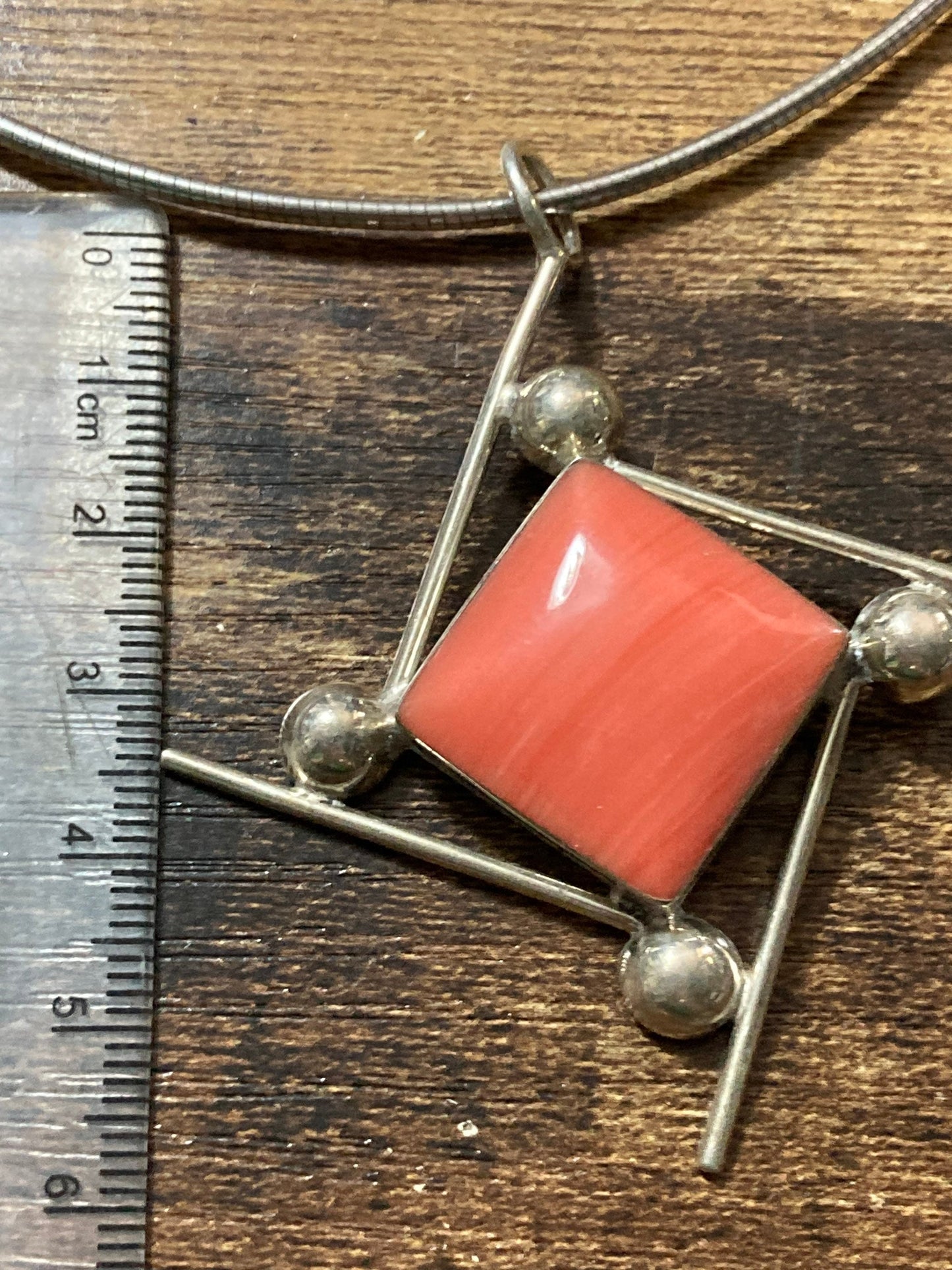 925 sterling silver modernist ceramic coral square cabochon choker pendant necklace and matching earrings jewellery set