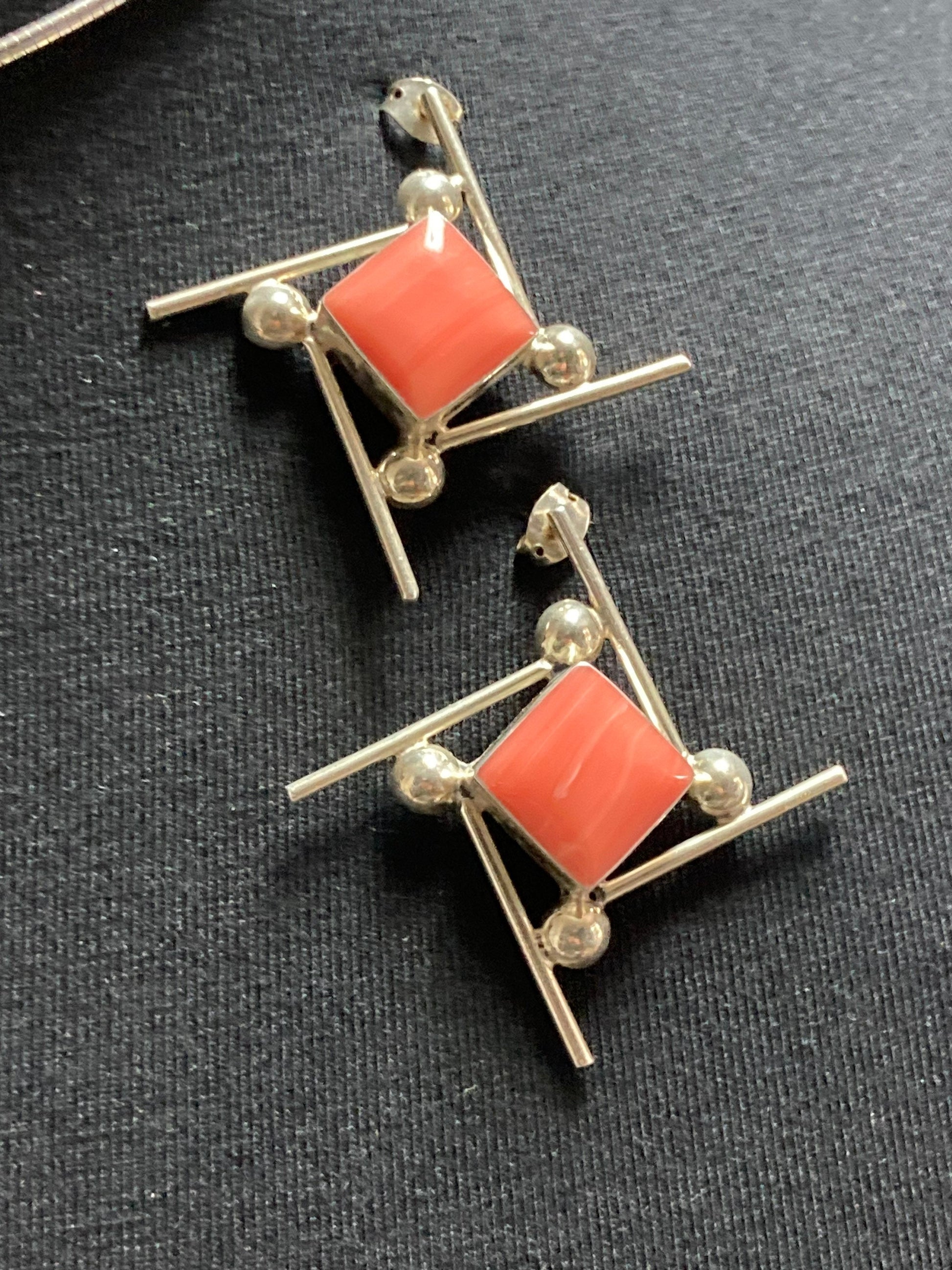 925 sterling silver modernist ceramic coral square cabochon choker pendant necklace and matching earrings jewellery set