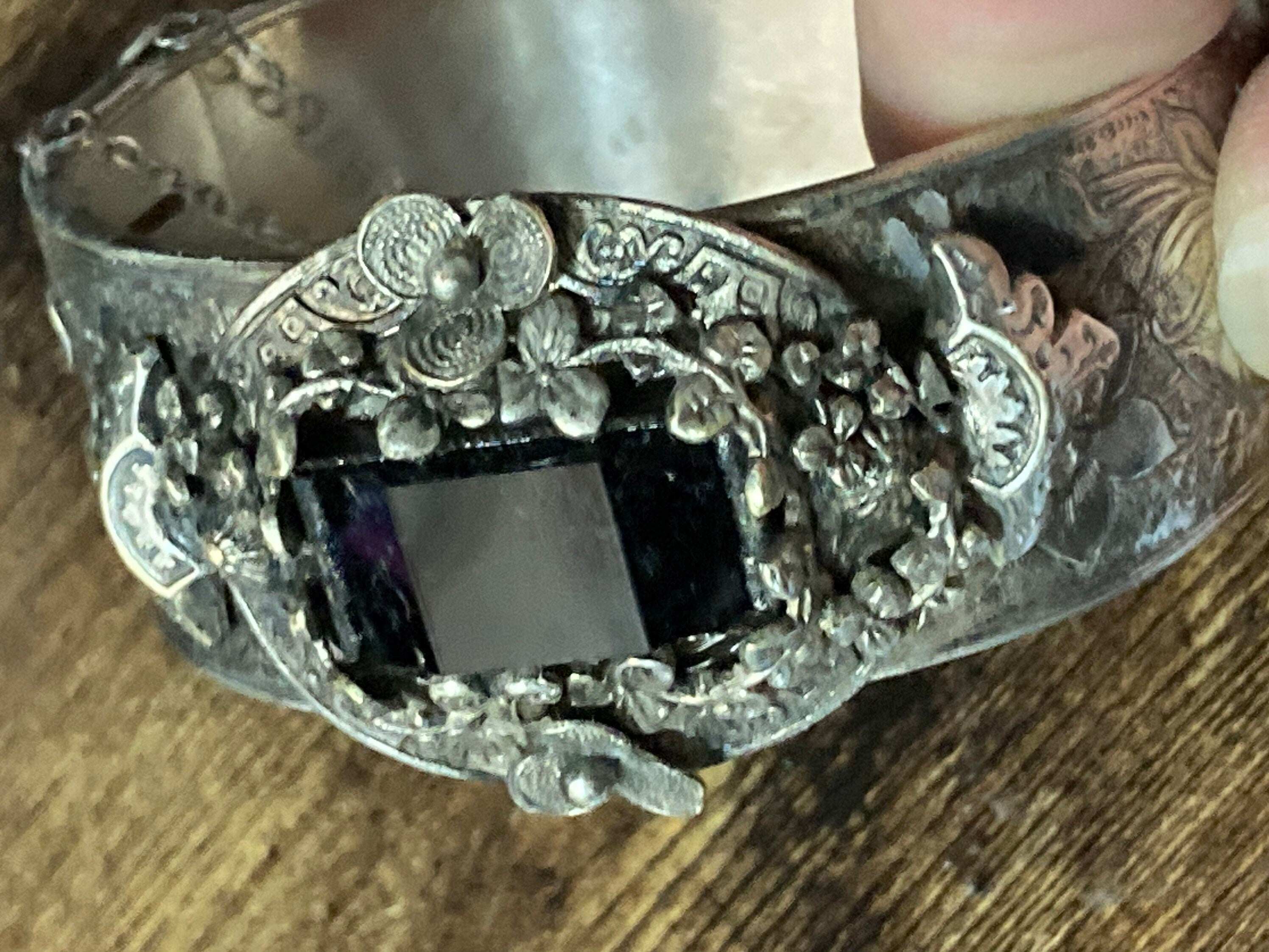 Antique Victorian etched with onyx gemstone wide silver plated or continental bangle not hallmarked white metal