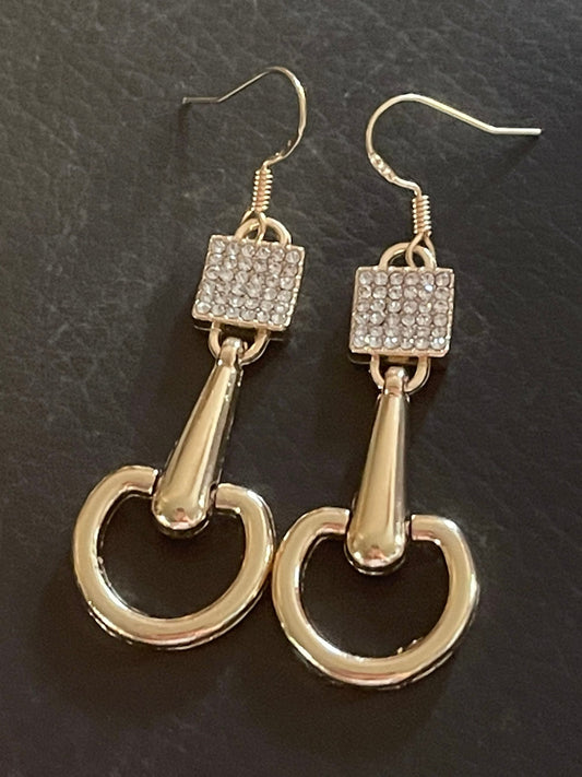 Handmade stirrup horse bit dangly diamanté snaffle earrings gold tone equestrian