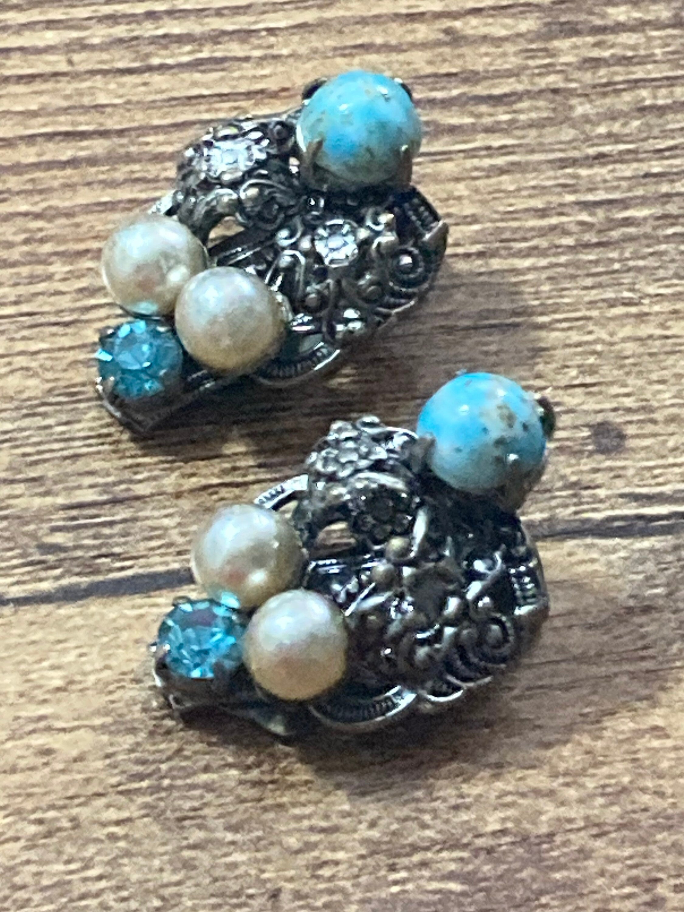 Filigree Clip on stud earrings with faux pearl turquoise cabochon and blue paste Vintage Czech