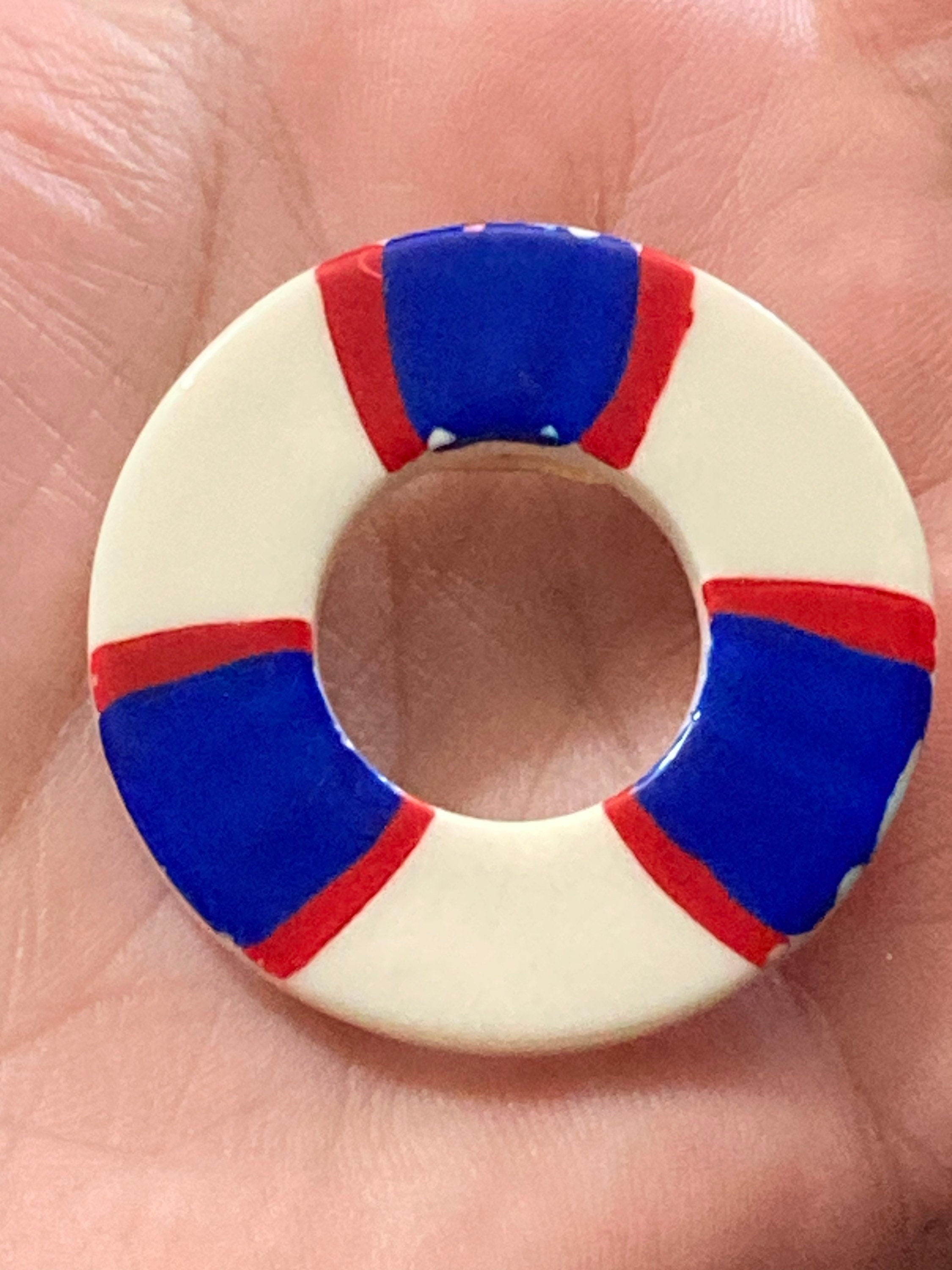 vintage nautical plastic red white and blue life bouy lifesaving ring  Brooch