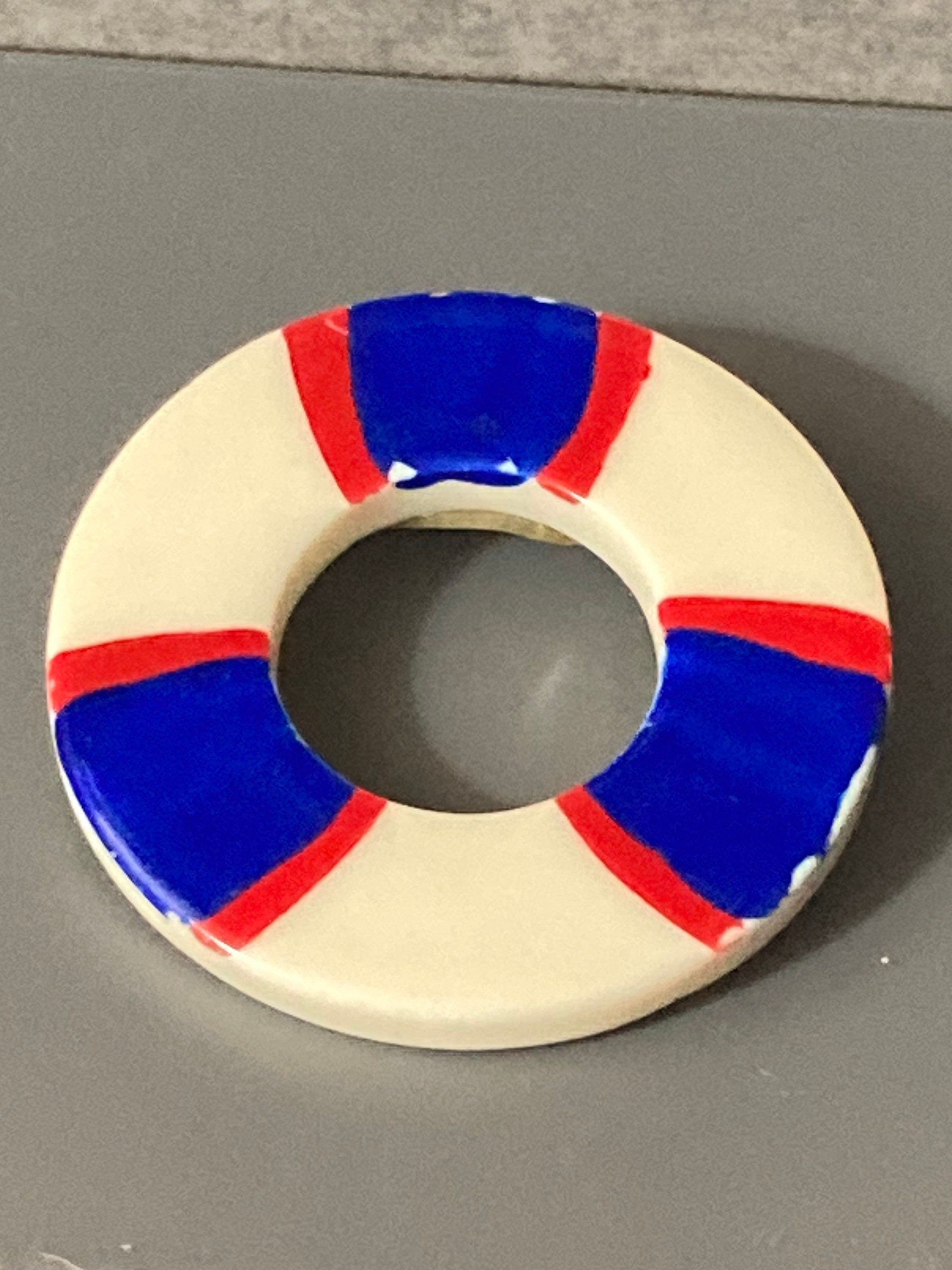 vintage nautical plastic red white and blue life bouy lifesaving ring  Brooch