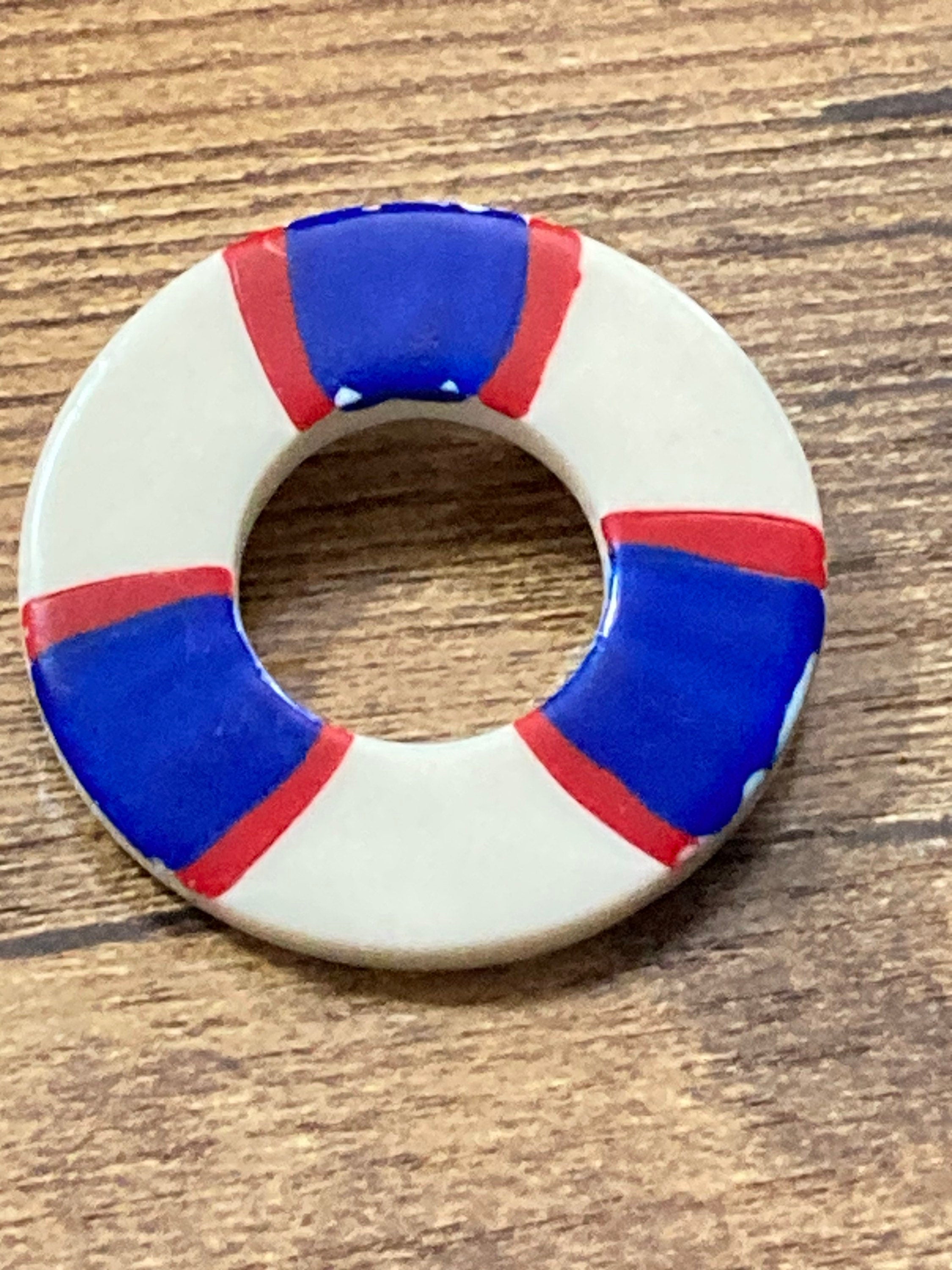 vintage nautical plastic red white and blue life bouy lifesaving ring  Brooch