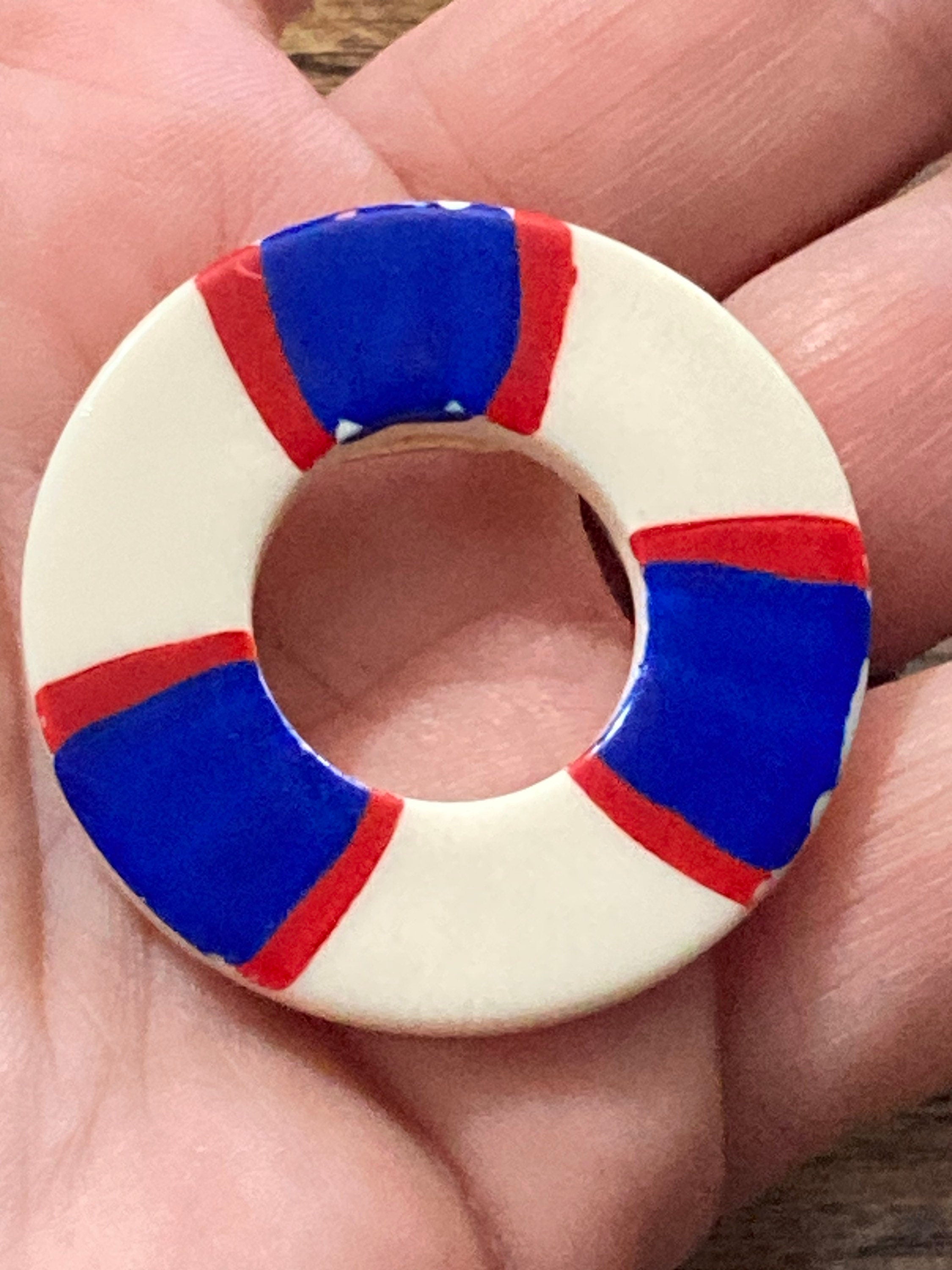 vintage nautical plastic red white and blue life bouy lifesaving ring  Brooch