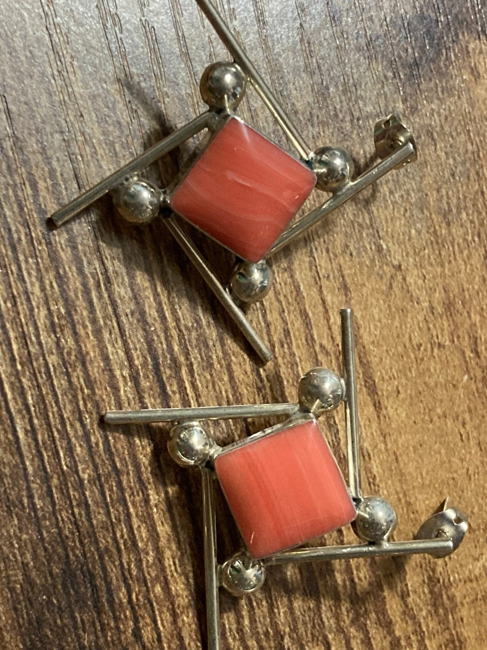 925 sterling silver modernist ceramic coral square cabochon choker pendant necklace and matching earrings jewellery set