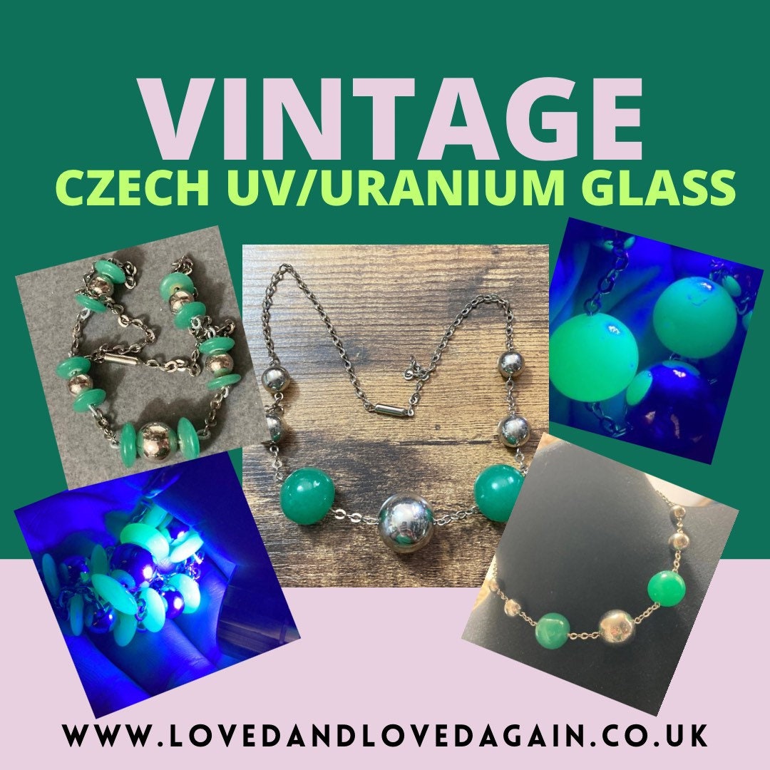 True vintage Art deco Czech green chrysoprase Uranium UV glass large 2cm green shed chrome beaded necklace 44.5cm genuine old shop stock