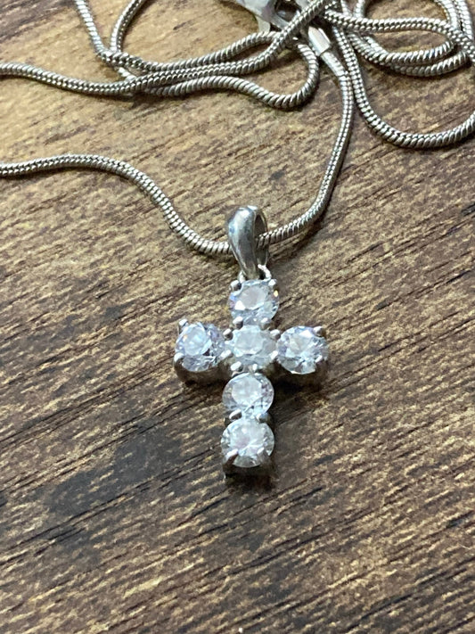 925 Sterling silver religious clear diamanté gem set cross pendant necklace on a 41 cm chain