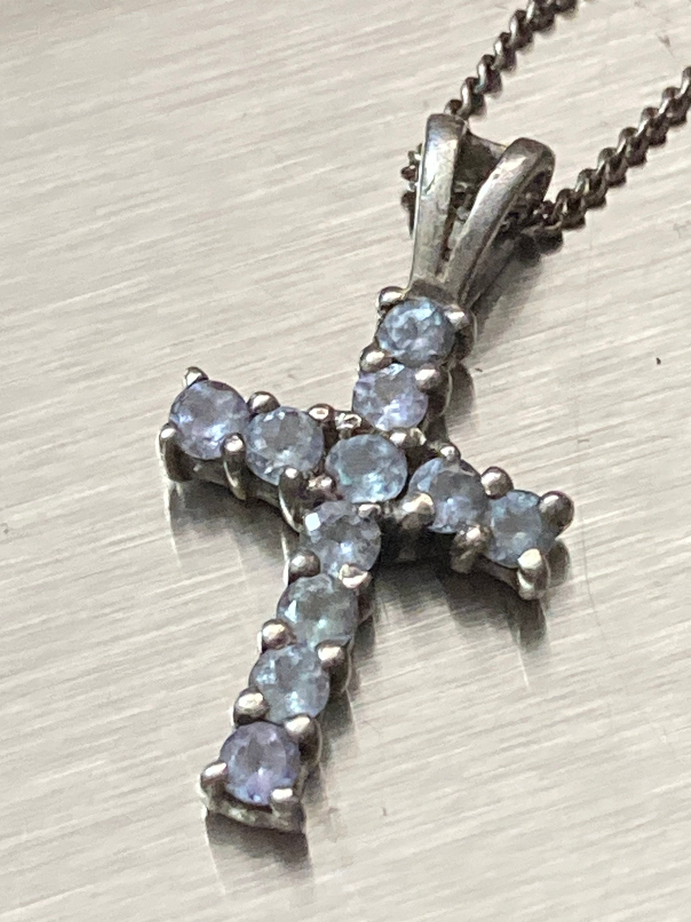 925 Sterling silver religious clear diamanté gem set cross pendant necklace on a 44 cm chain