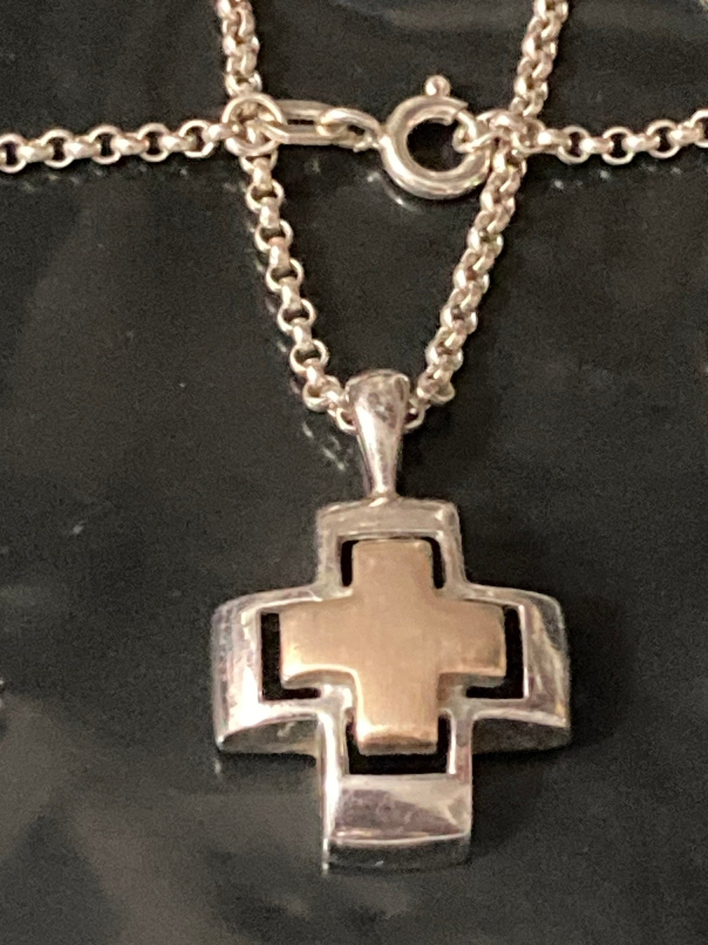 925 Sterling silver and rose gold tone deep religious cross pendant necklace on chain