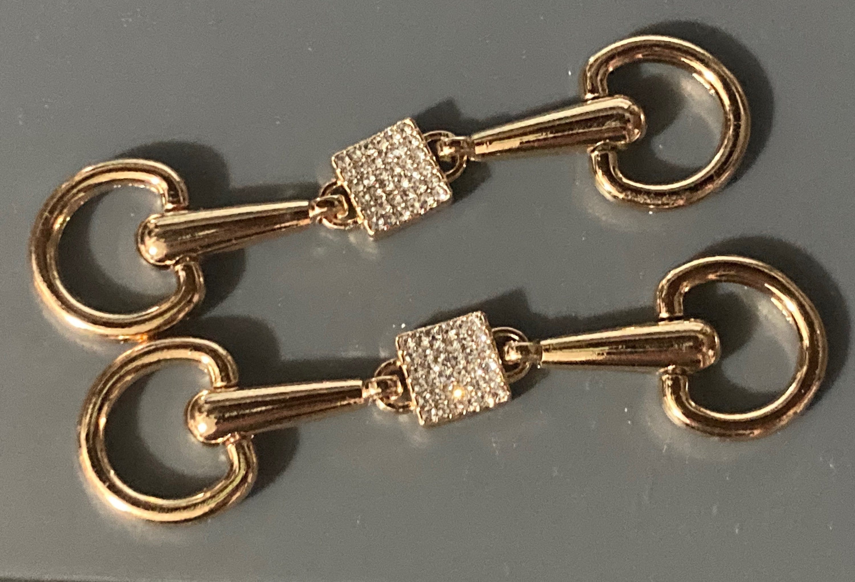 Pair of sew on clear diamanté gold tone snaffle horse bit shoe buckles embellishments