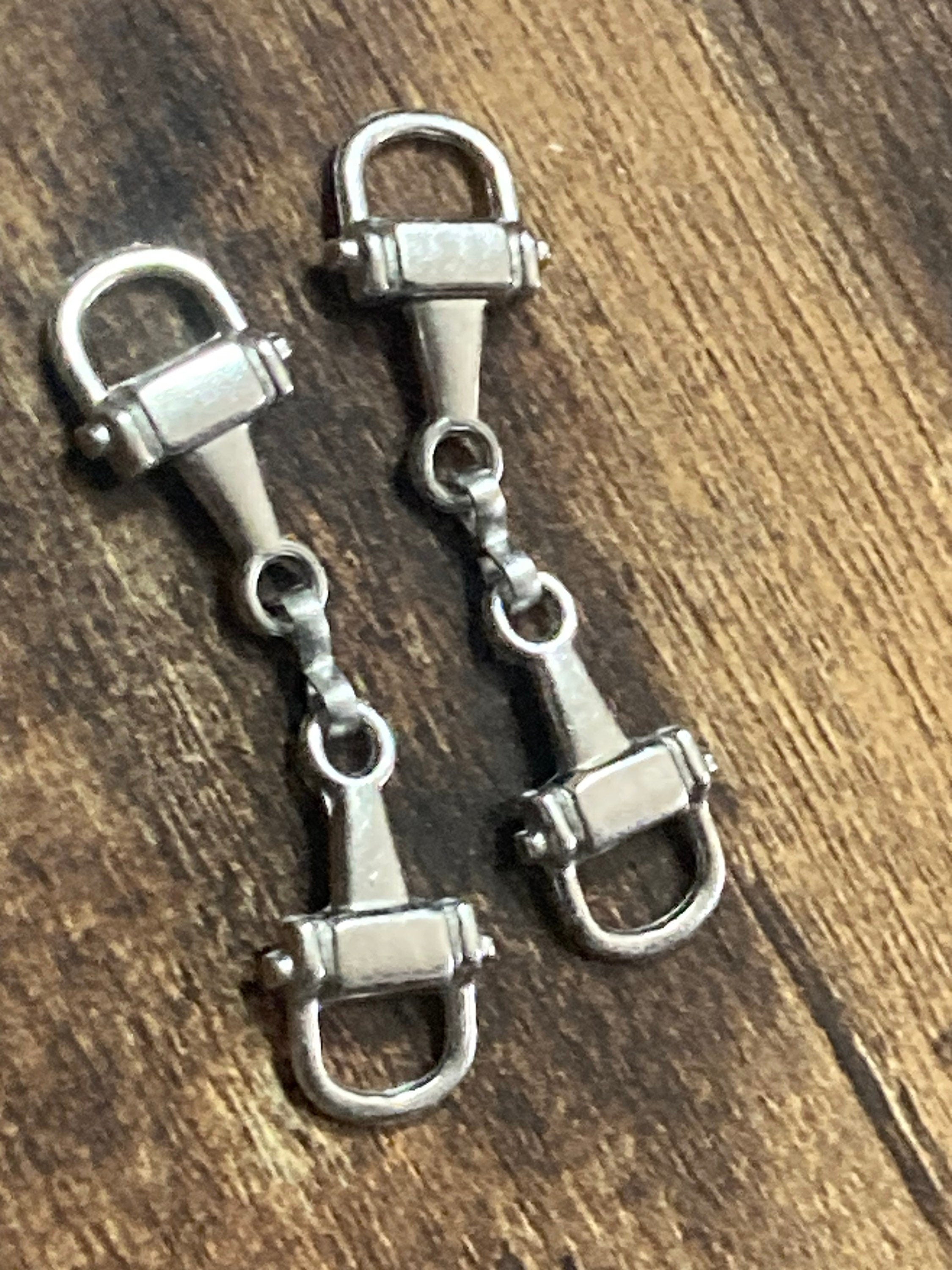 Pair of sew on silver tone snaffle horse bit shoe buckles embellishments