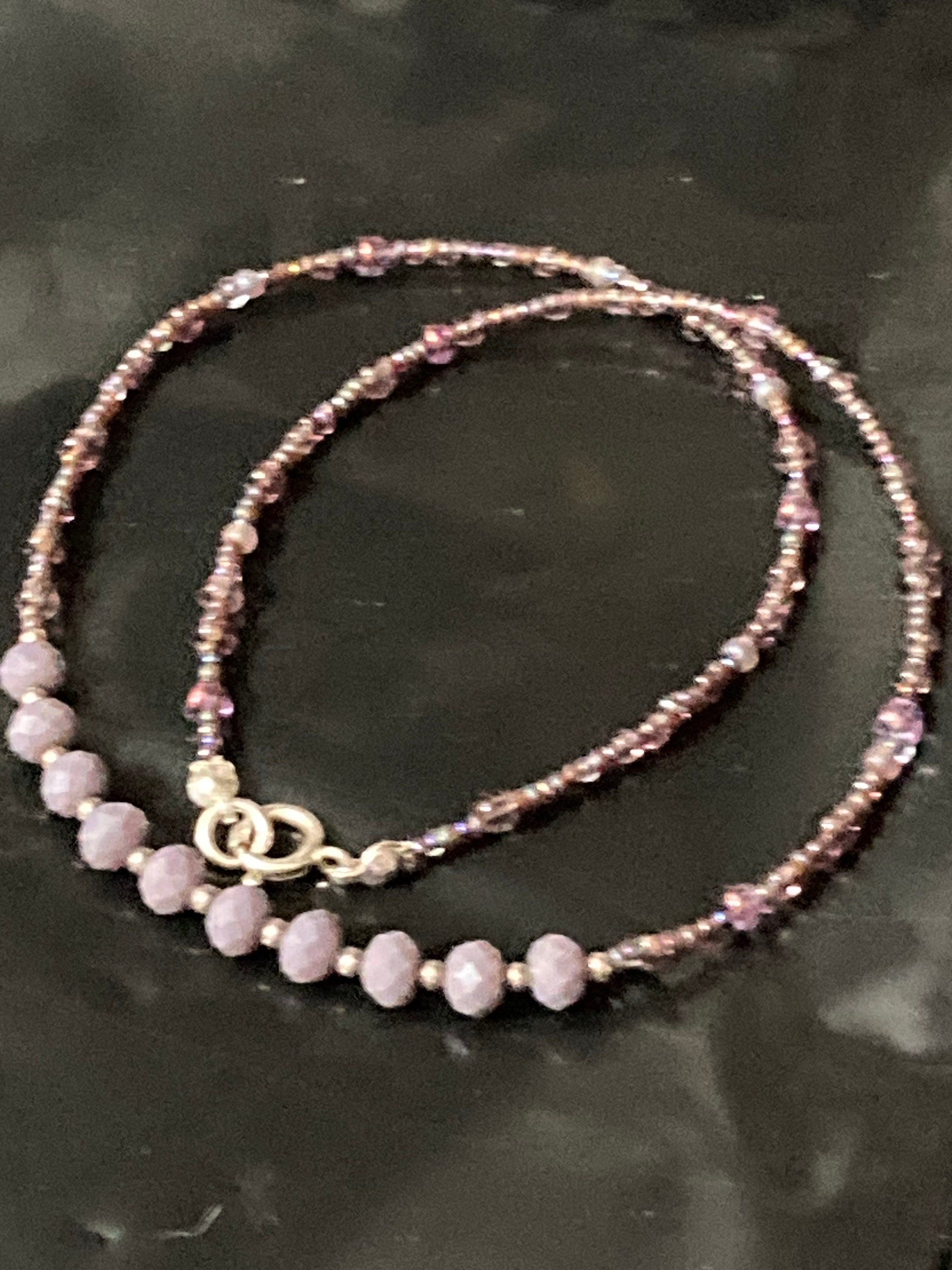 925 sterling silver dusky purple seed beaded necklace