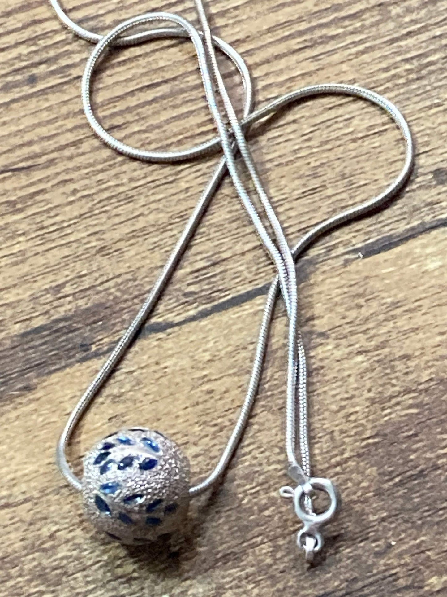 925 sterling silver modernist blue bead ball chain necklace 40cm